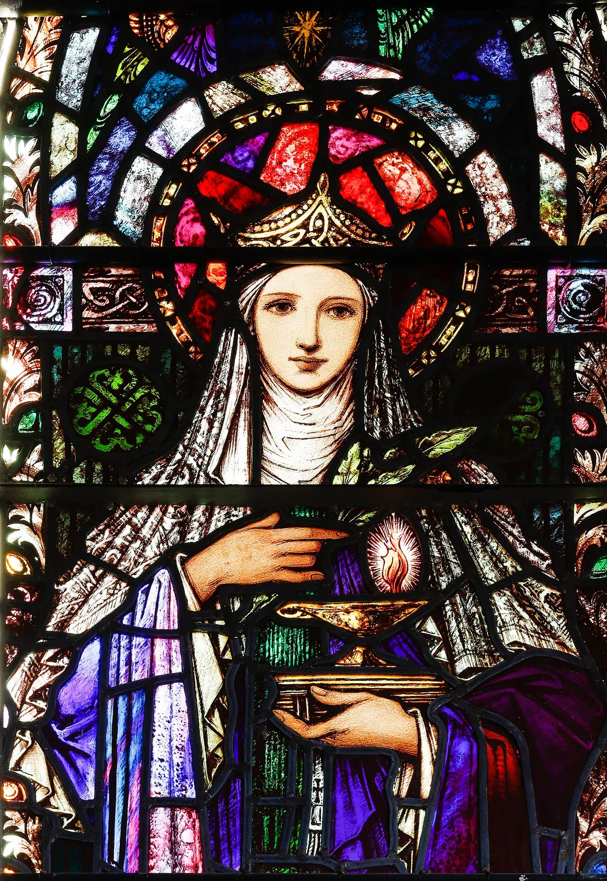 Cong St. Mary of the Rosary Window St. Brigid Detail St. Brigid holding her Lamp II 2019… — representative context visual. Shown from the cited image source.