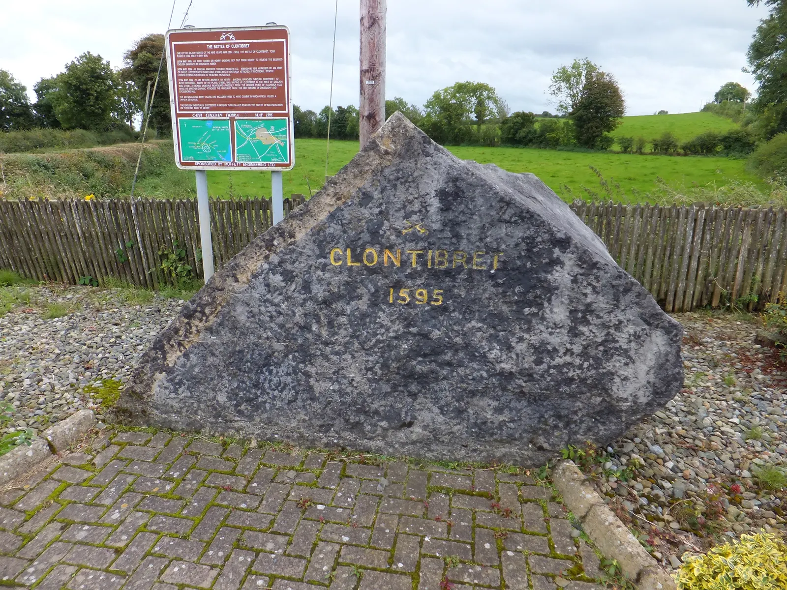 Marker commemorating the Battle of Clontibret, 1595 — later battle-site marker at Clontibret, used as a place-specific memory trace rather than another Yellow Ford landscape.
