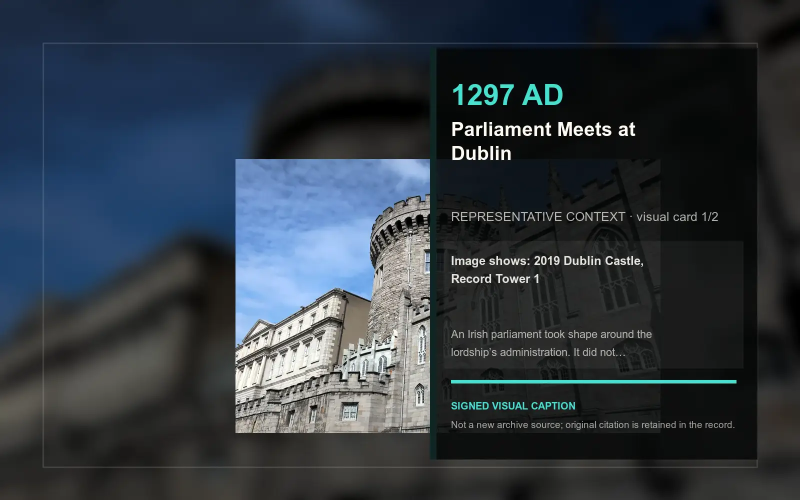 2019 Dublin Castle, Record Tower 1 — representative context visual. Event-specific signed card derived from the cited source.