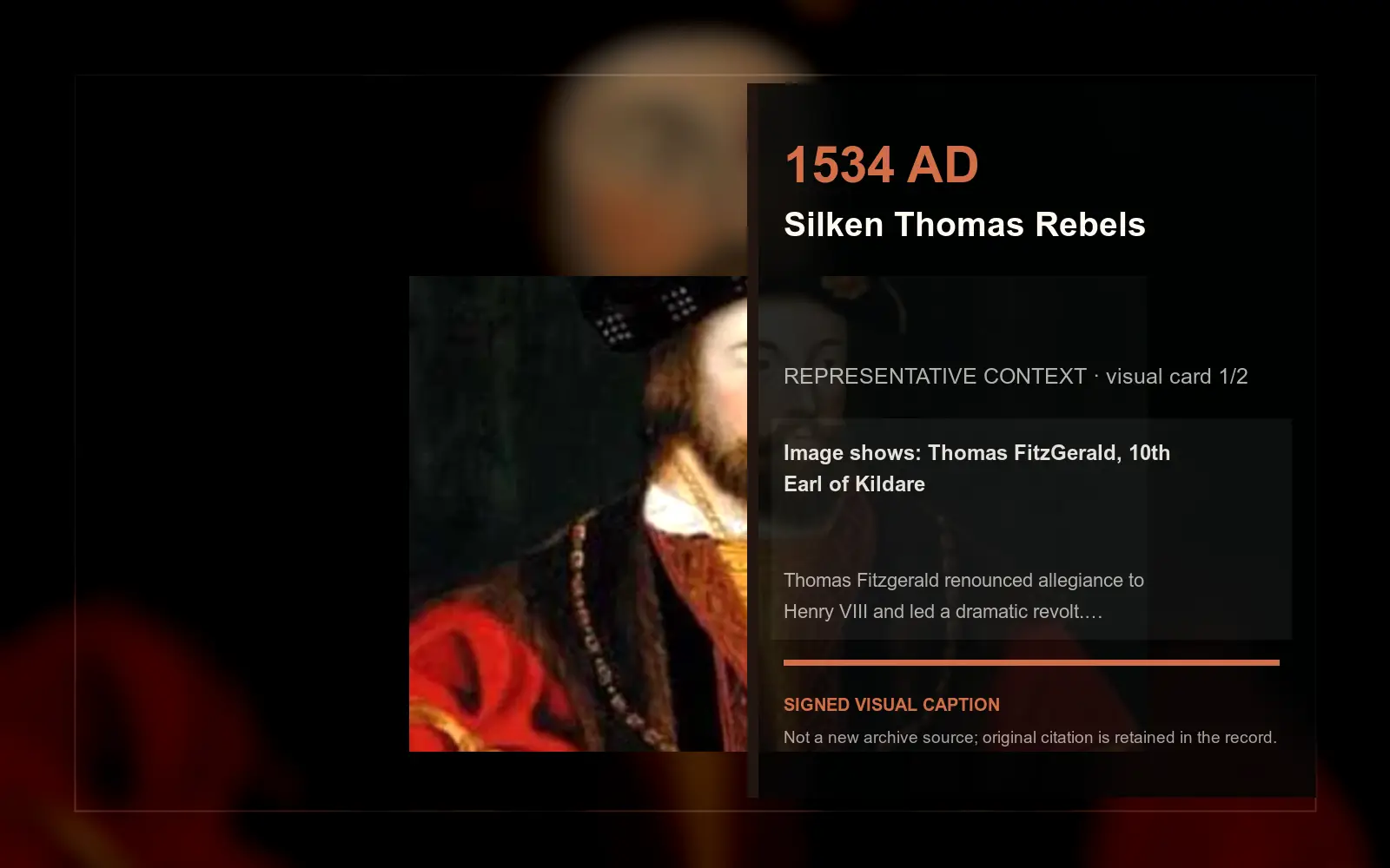 Thomas FitzGerald, 10th Earl of Kildare — representative context visual. Event-specific signed card derived from the cited source.