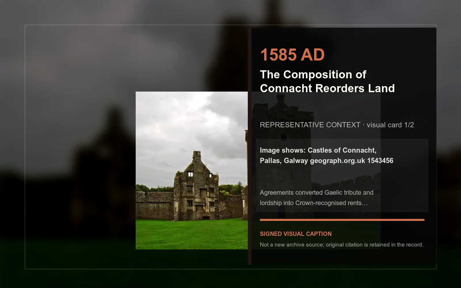 Castles of Connacht, Pallas, Galway geograph.org.uk 1543456 — representative context visual. Event-specific signed card derived from the cited source.