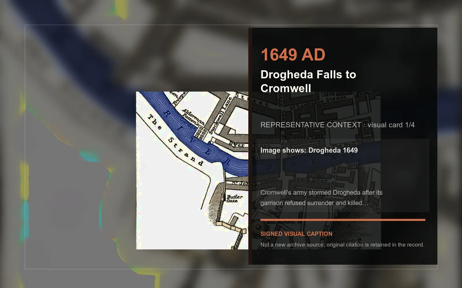Drogheda 1649 — representative context visual. Event-specific signed card derived from the cited source.