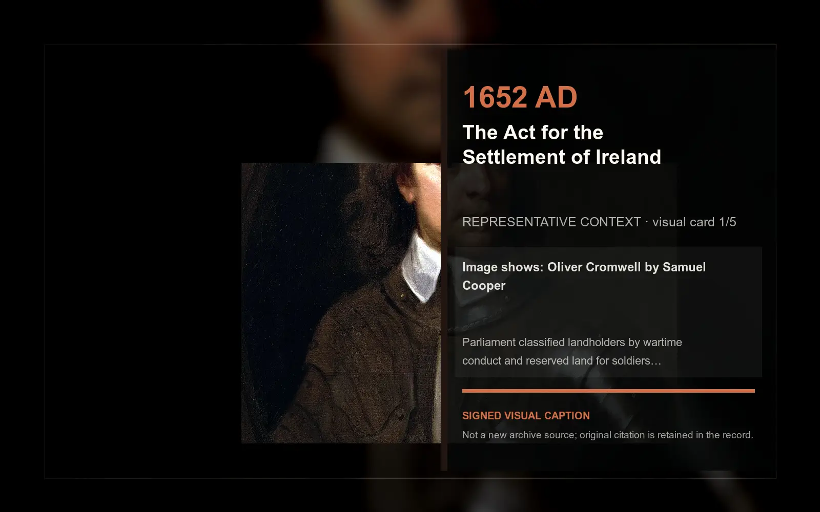 Oliver Cromwell by Samuel Cooper — representative context visual. Event-specific signed card derived from the cited source.