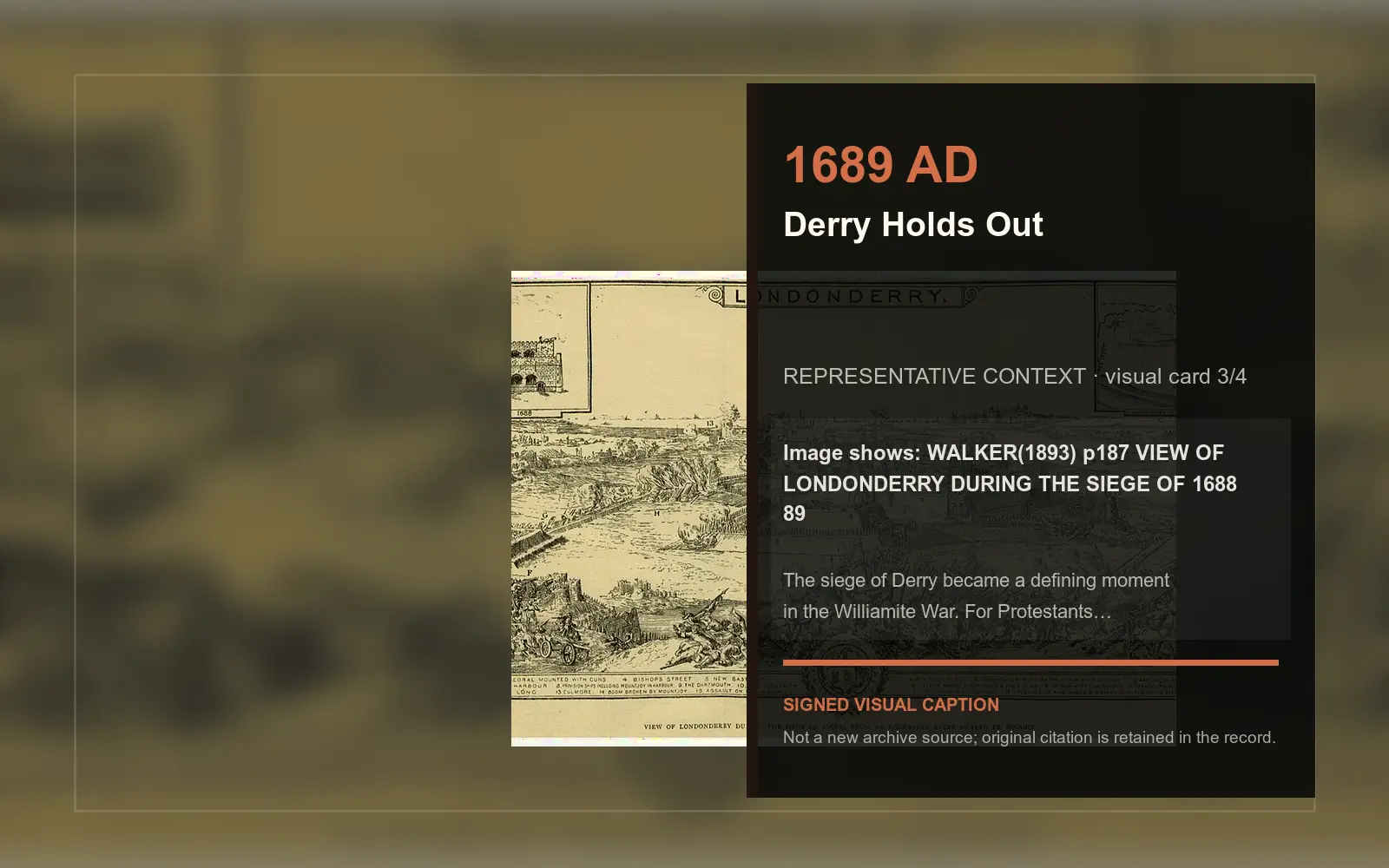 WALKER(1893) p187 VIEW OF LONDONDERRY DURING THE SIEGE OF 1688 89 — representative context visual. Event-specific signed card derived from the cited source.