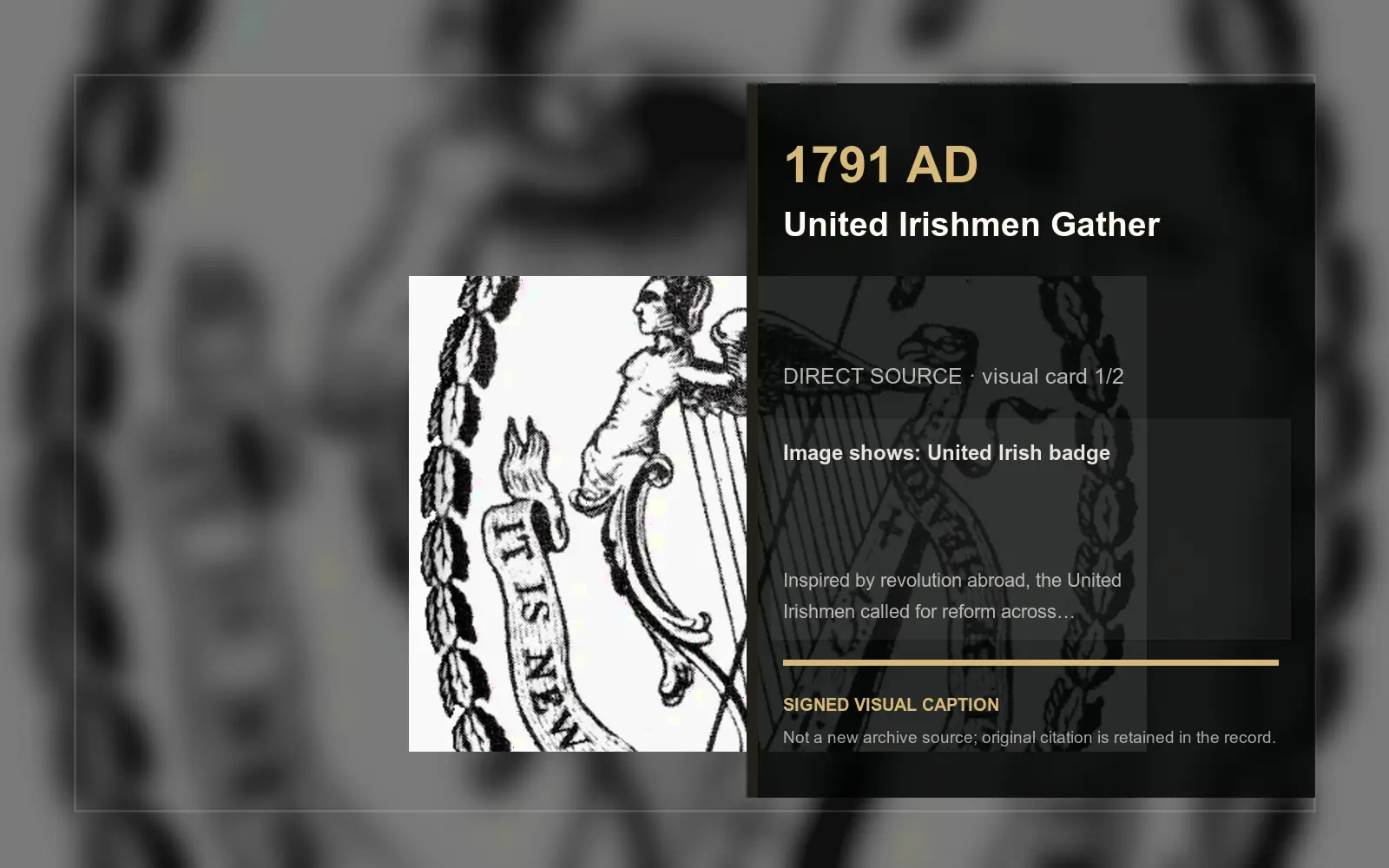 United Irish badge — direct archive visual. Event-specific signed card derived from the cited source.