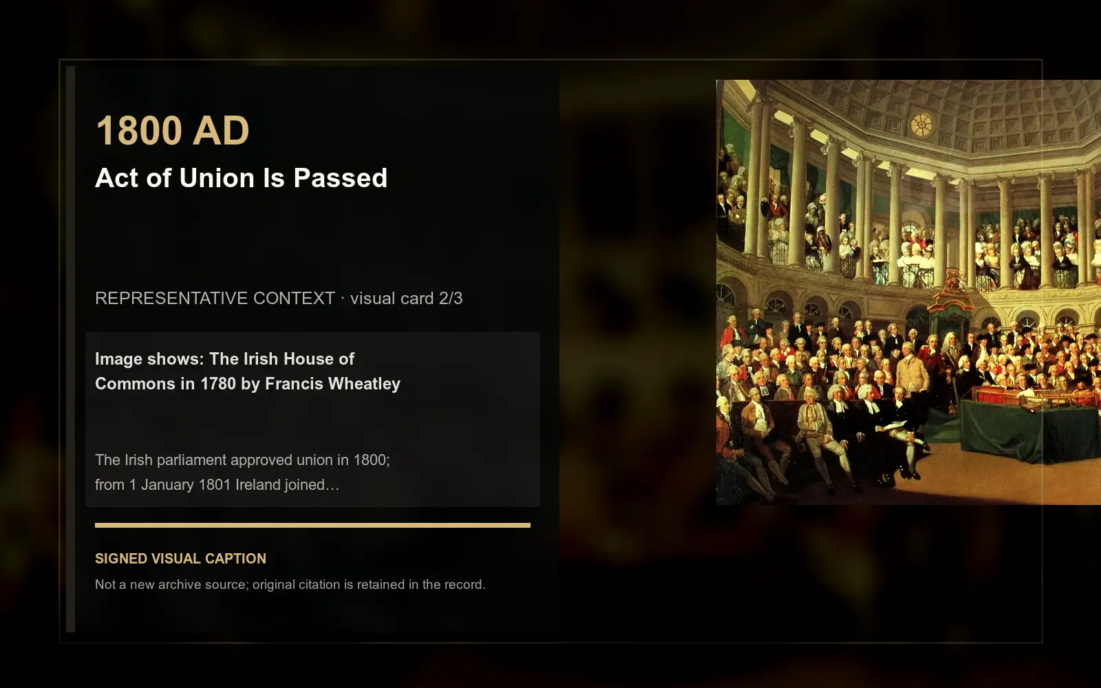 The Irish House of Commons in 1780 by Francis Wheatley — representative context visual. Event-specific signed card derived from the cited source.