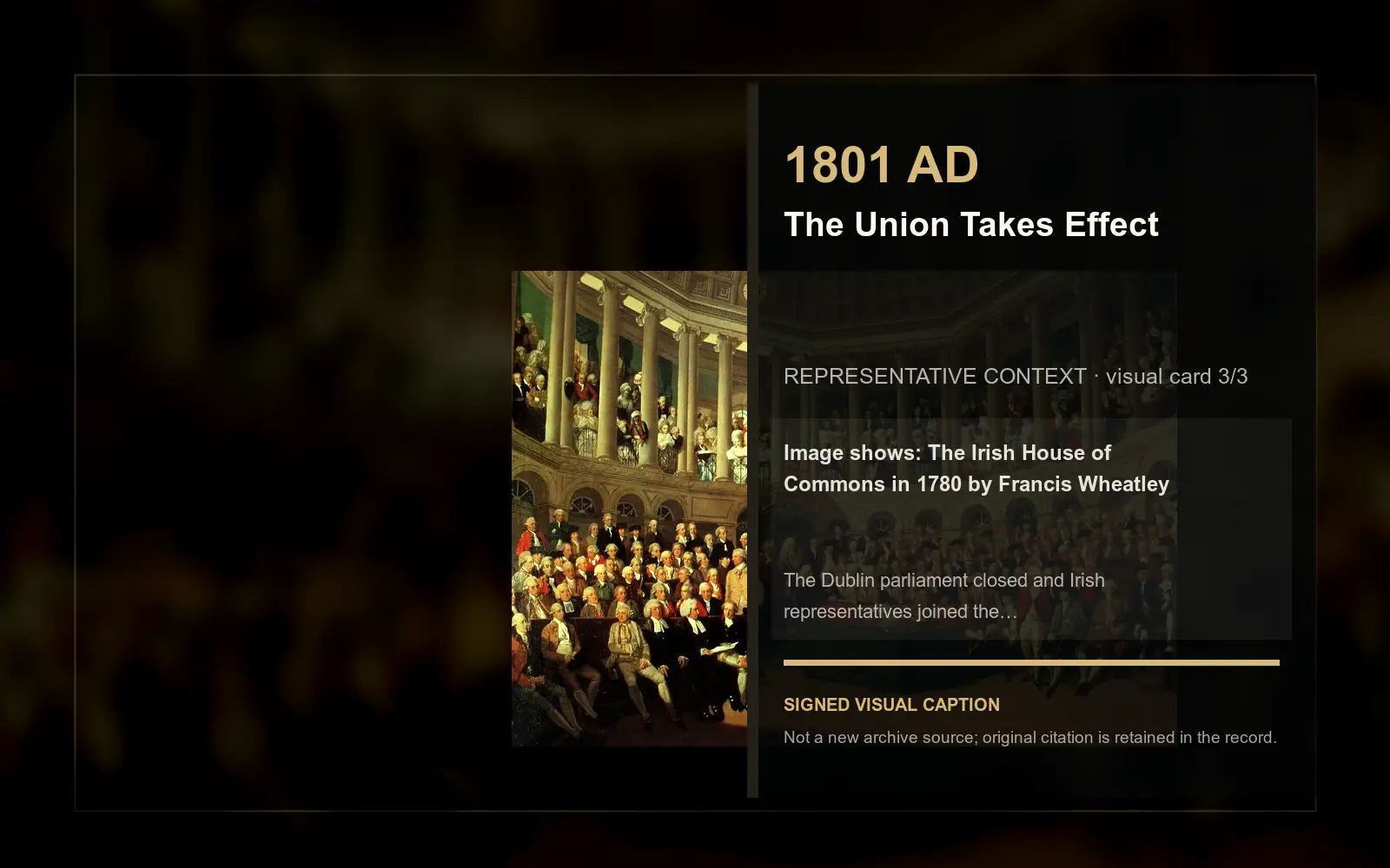 The Irish House of Commons in 1780 by Francis Wheatley — representative context visual. Event-specific signed card derived from the cited source.