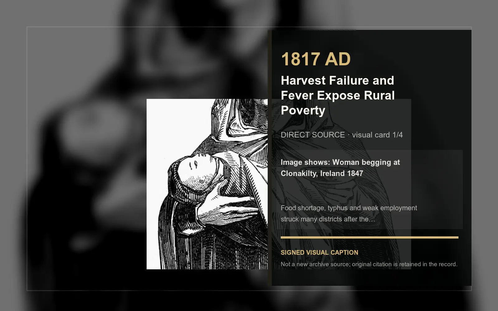 Woman begging at Clonakilty, Ireland 1847 — direct archive visual. Event-specific signed card derived from the cited source.