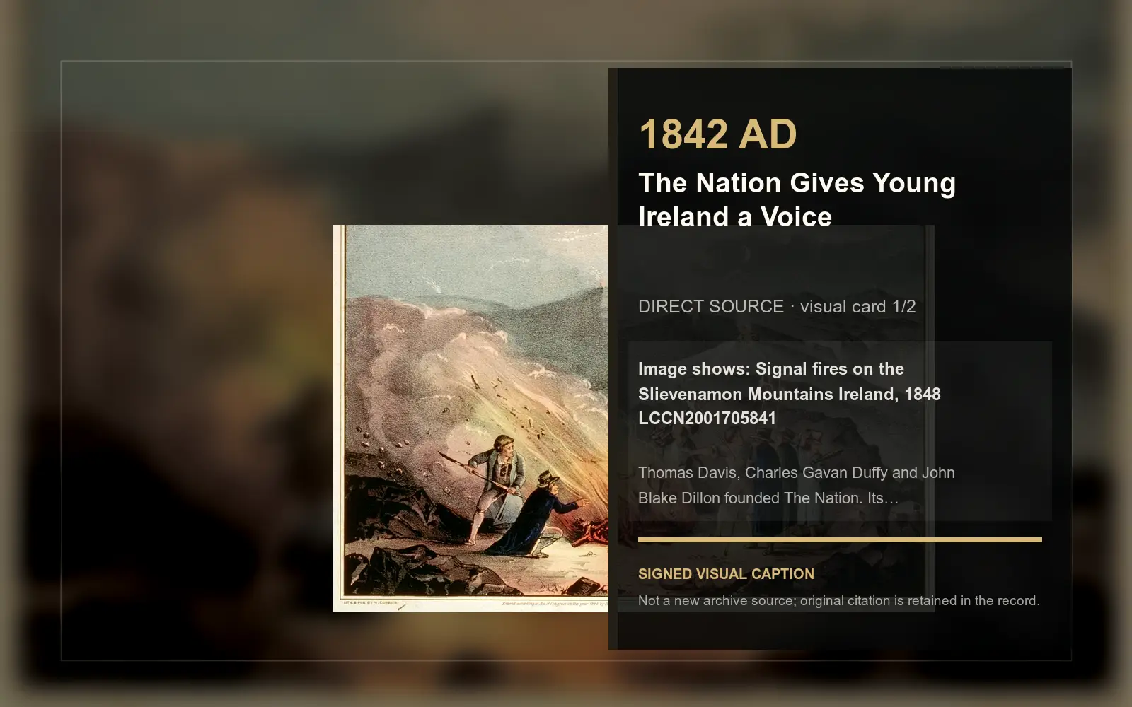 Signal fires on the Slievenamon Mountains Ireland, 1848 LCCN2001705841 — direct archive visual. Event-specific signed card derived from the cited source.