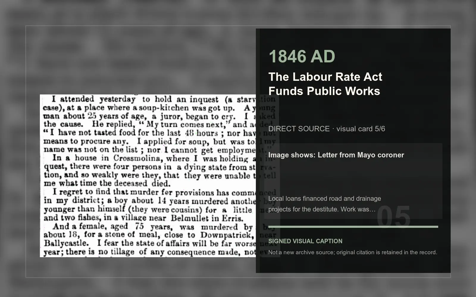 Letter from Mayo coroner — direct archive visual. Event-specific signed card derived from the cited source.
