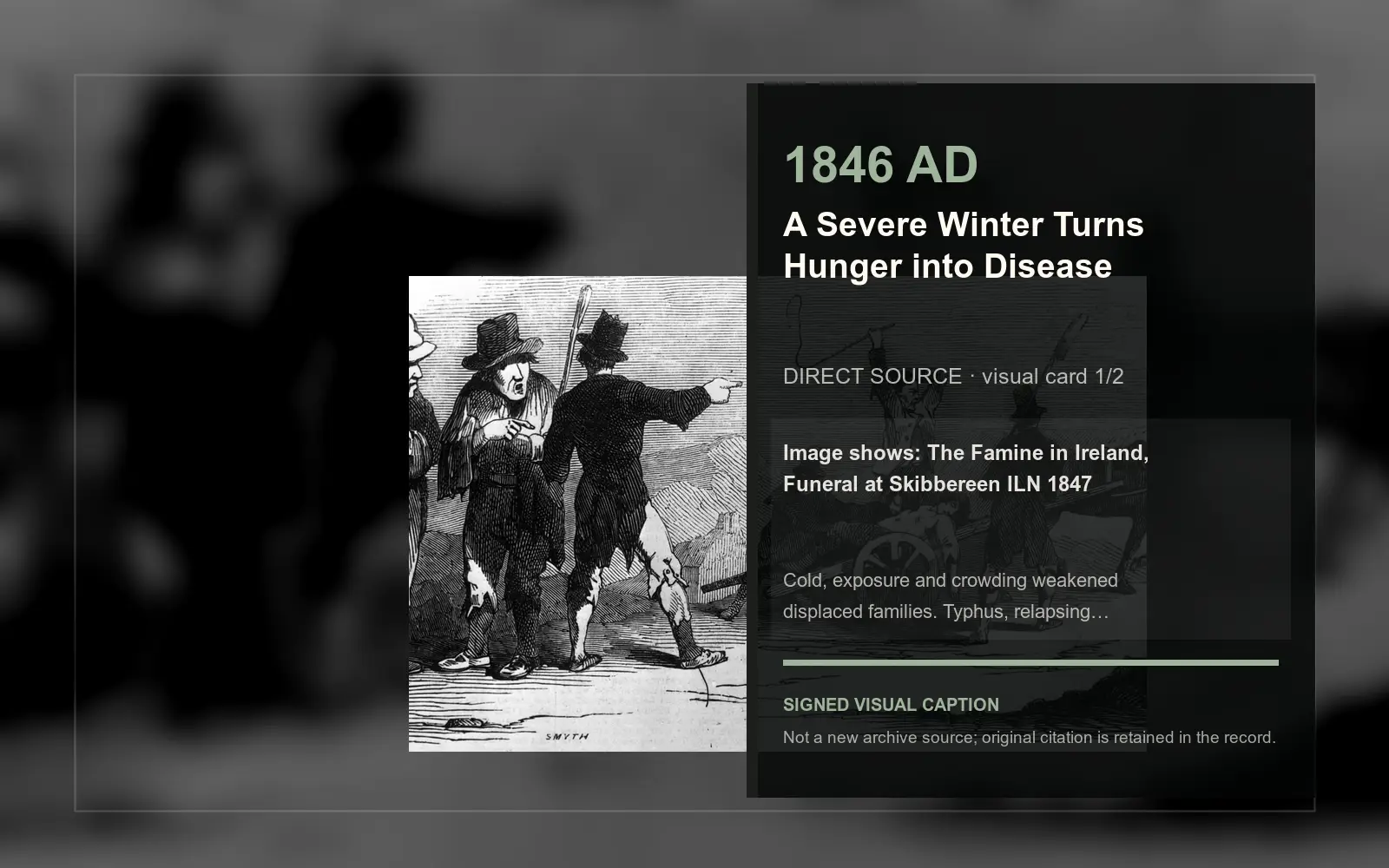 The Famine in Ireland, Funeral at Skibbereen ILN 1847 — direct archive visual. Event-specific signed card derived from the cited source.