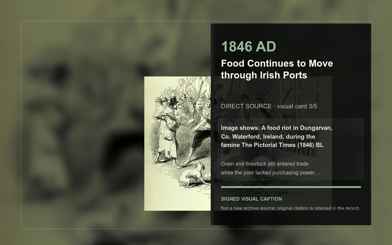 A food riot in Dungarvan, Co. Waterford, Ireland, during the famine The Pictorial Times… — direct archive visual. Event-specific signed card derived from the cited source.