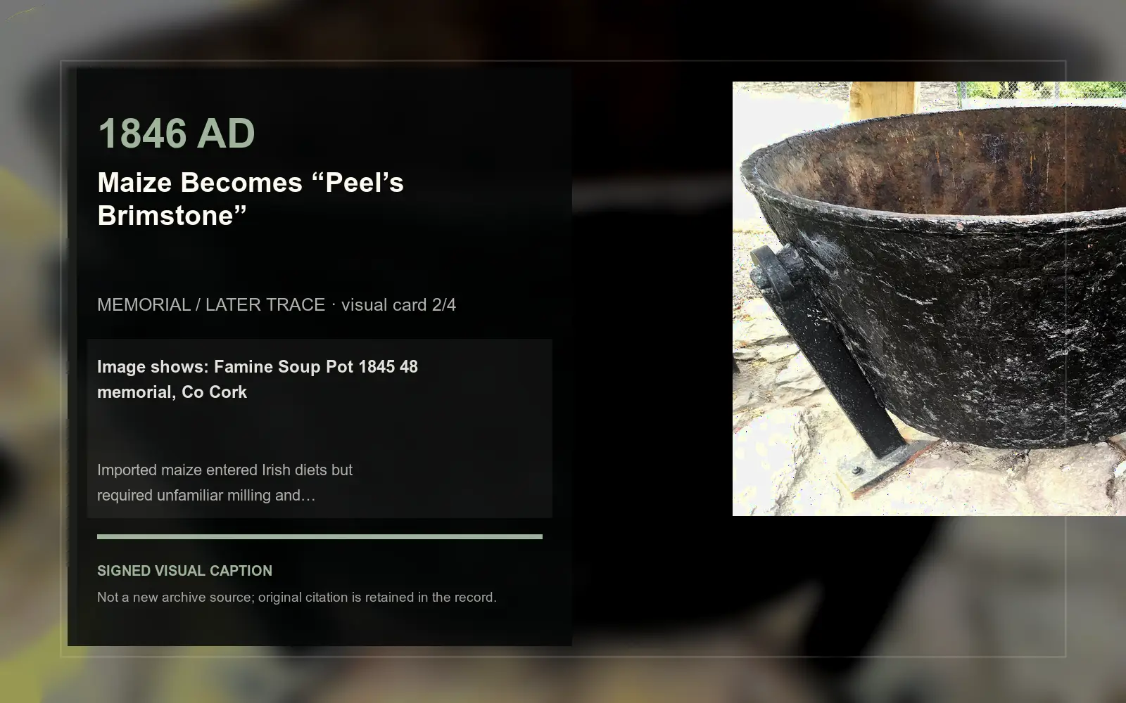Famine Soup Pot 1845 48 memorial, Co Cork — later memorial or aftermath visual. Event-specific signed card derived from the cited source.