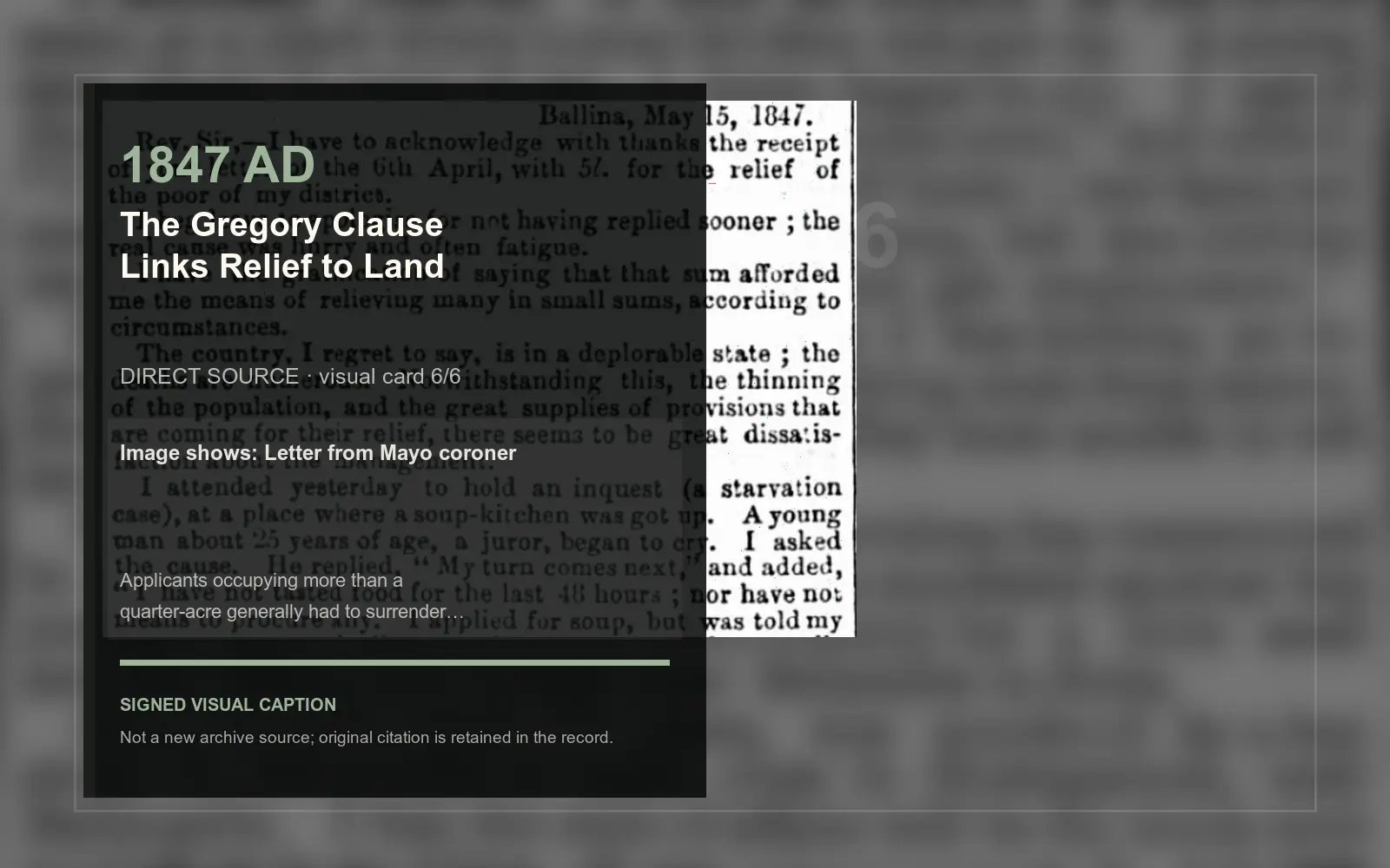 Letter from Mayo coroner — direct archive visual. Event-specific signed card derived from the cited source.