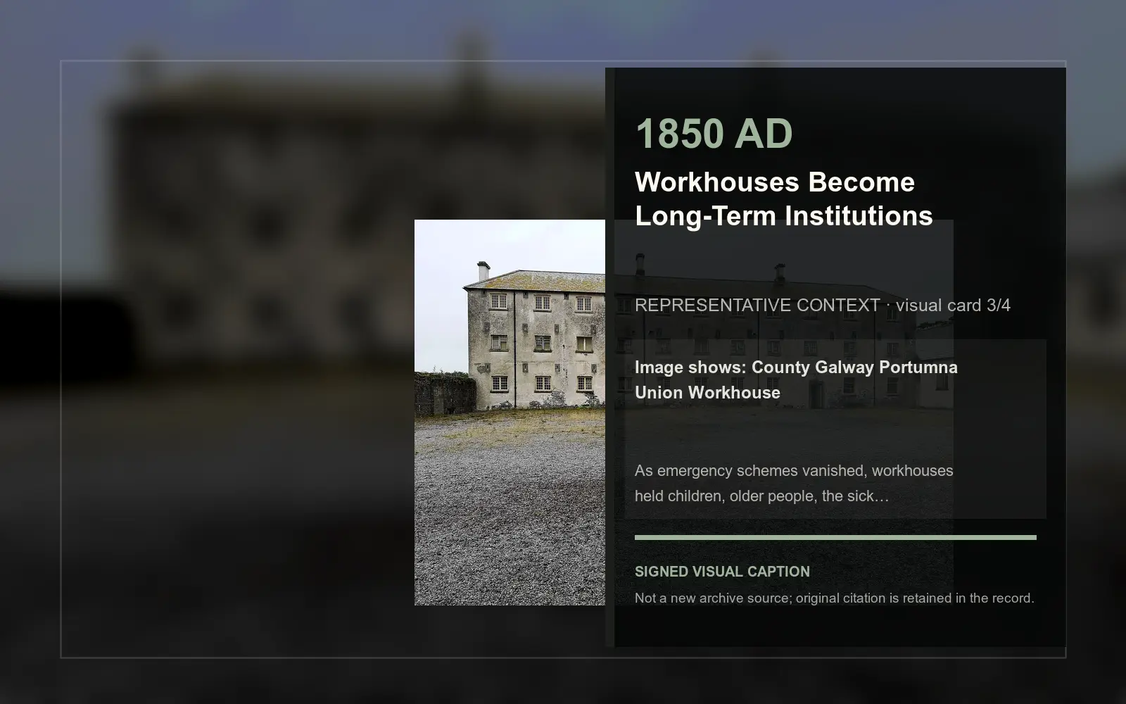County Galway Portumna Union Workhouse — representative context visual. Event-specific signed card derived from the cited source.