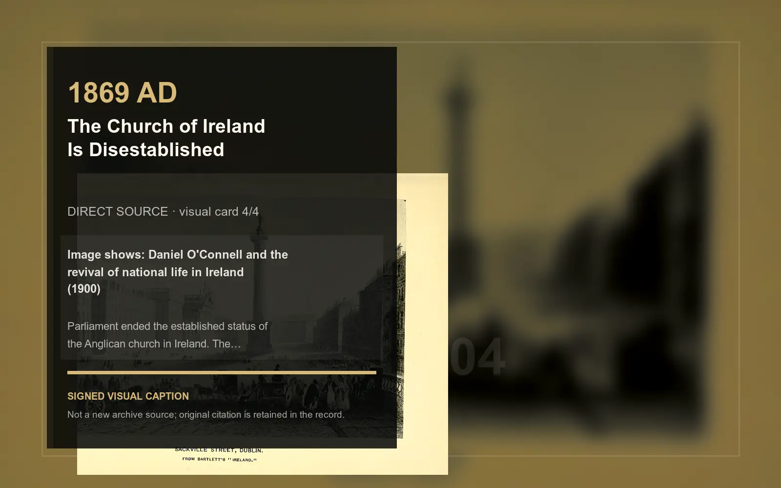 Daniel O'Connell and the revival of national life in Ireland (1900) — direct archive visual. Event-specific signed card derived from the cited source.