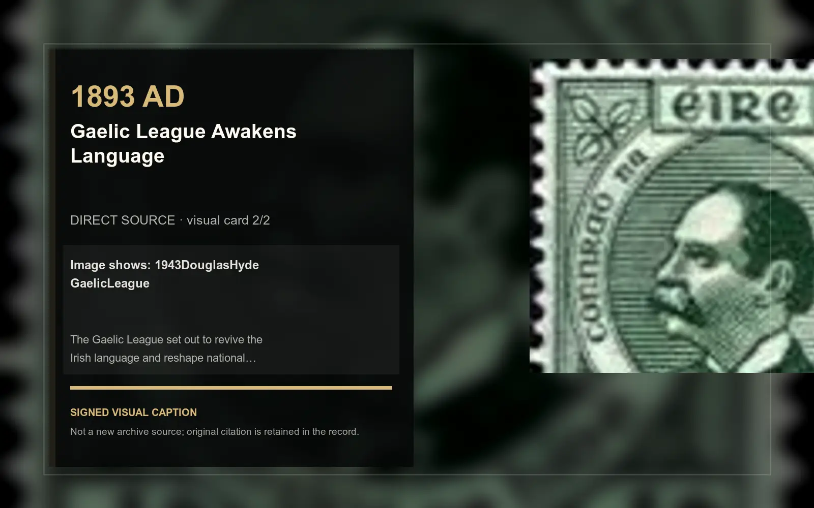 1943DouglasHyde GaelicLeague — direct archive visual. Event-specific signed card derived from the cited source.