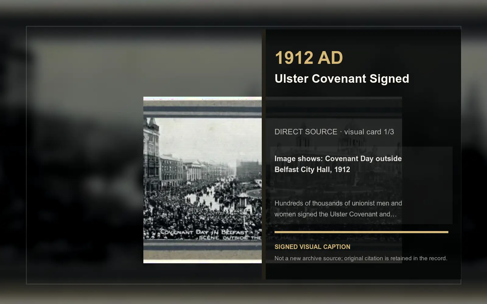 Covenant Day outside Belfast City Hall, 1912 — direct archive visual. Event-specific signed card derived from the cited source.