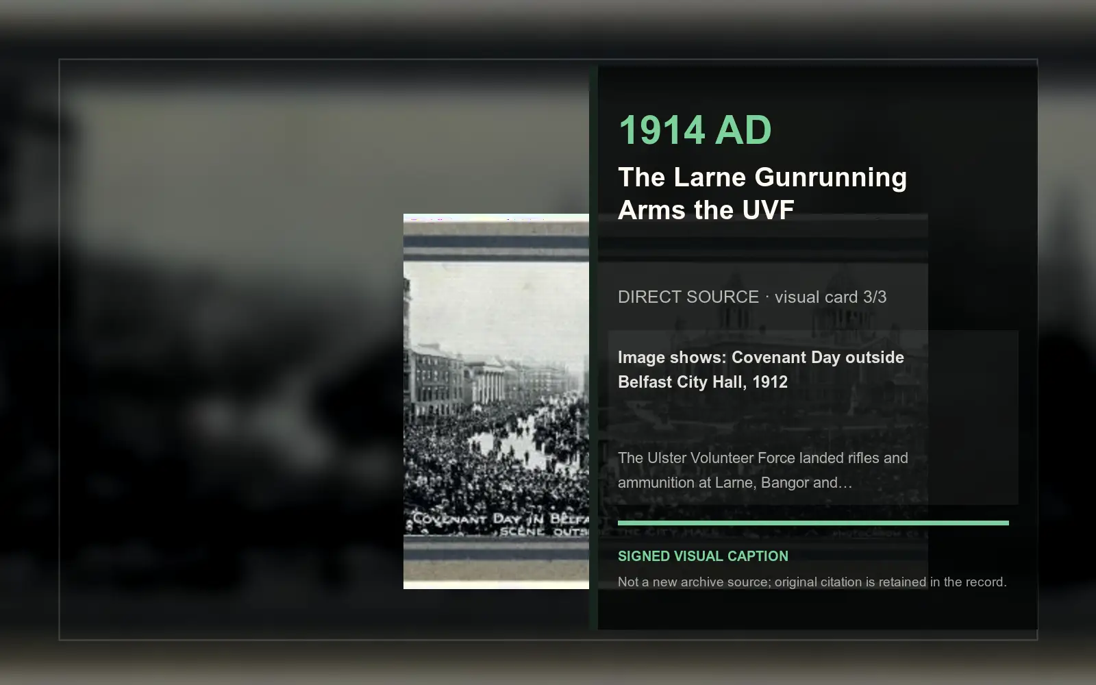 Covenant Day outside Belfast City Hall, 1912 — direct archive visual. Event-specific signed card derived from the cited source.