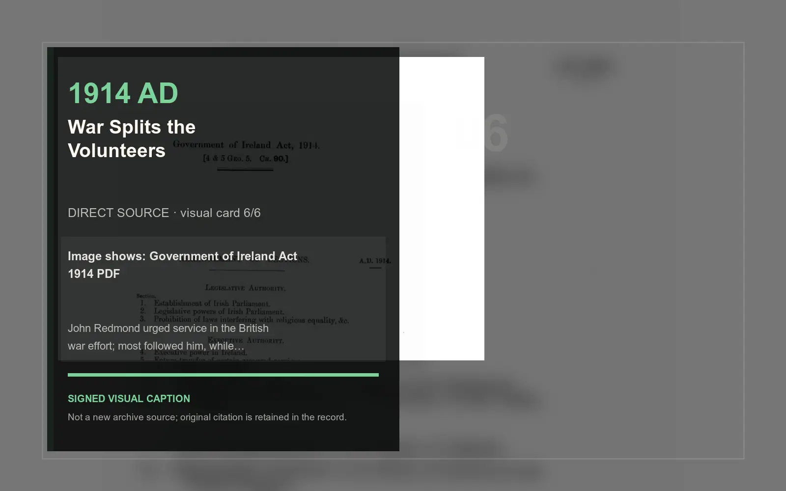 Government of Ireland Act 1914 PDF — direct archive visual. Event-specific signed card derived from the cited source.
