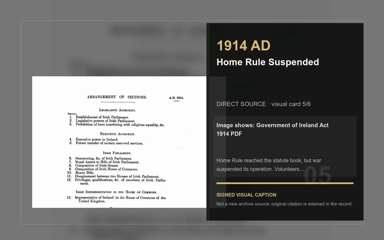Government of Ireland Act 1914 PDF — direct archive visual. Event-specific signed card derived from the cited source.