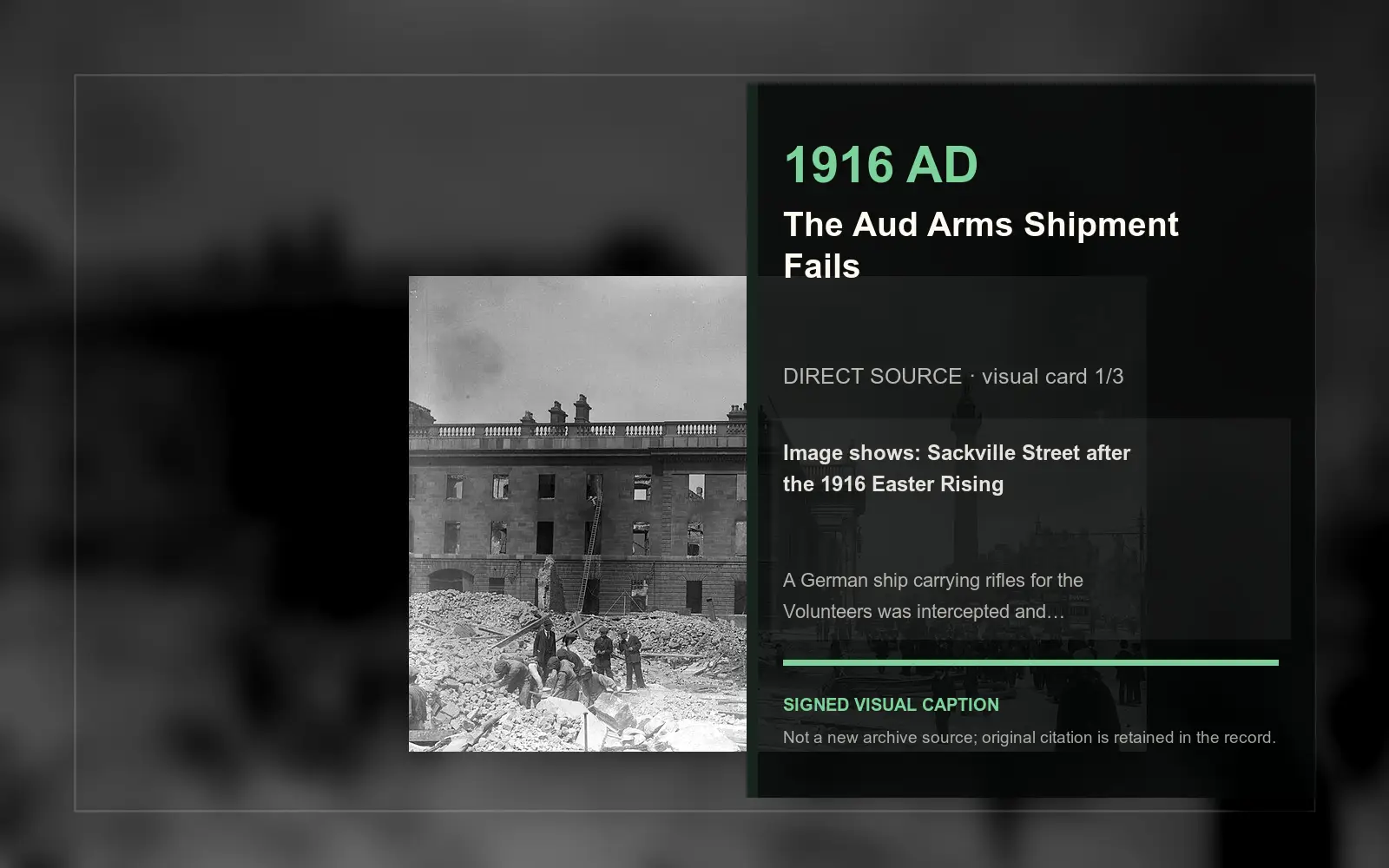 Sackville Street after the 1916 Easter Rising — direct archive visual. Event-specific signed card derived from the cited source.