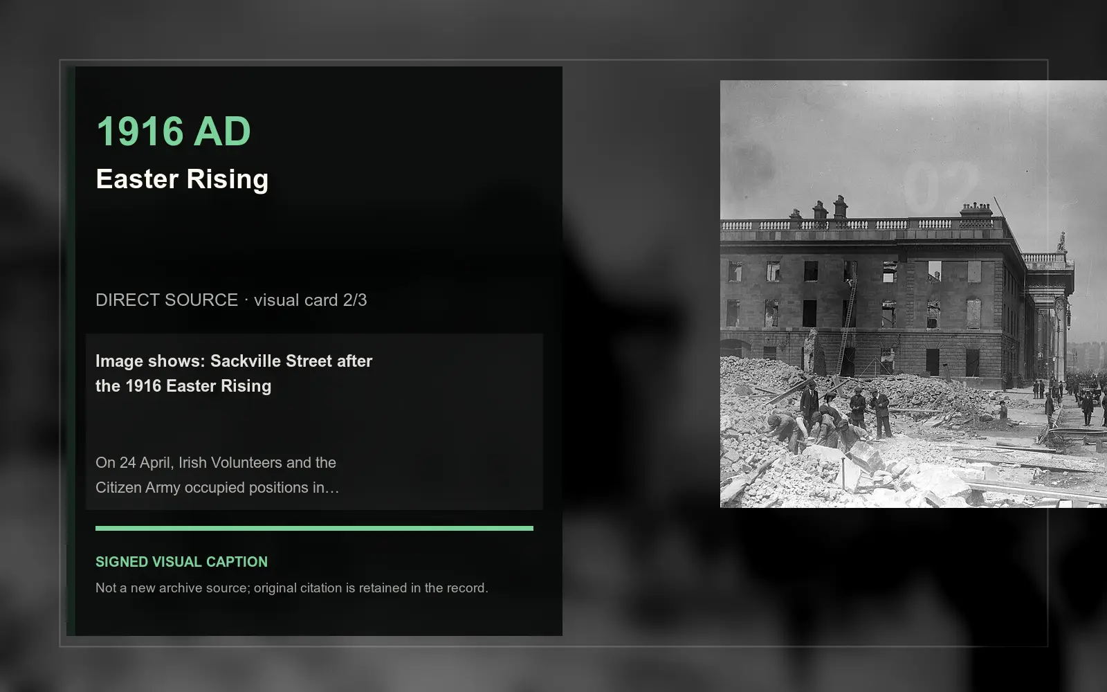 Sackville Street after the 1916 Easter Rising — direct archive visual. Event-specific signed card derived from the cited source.