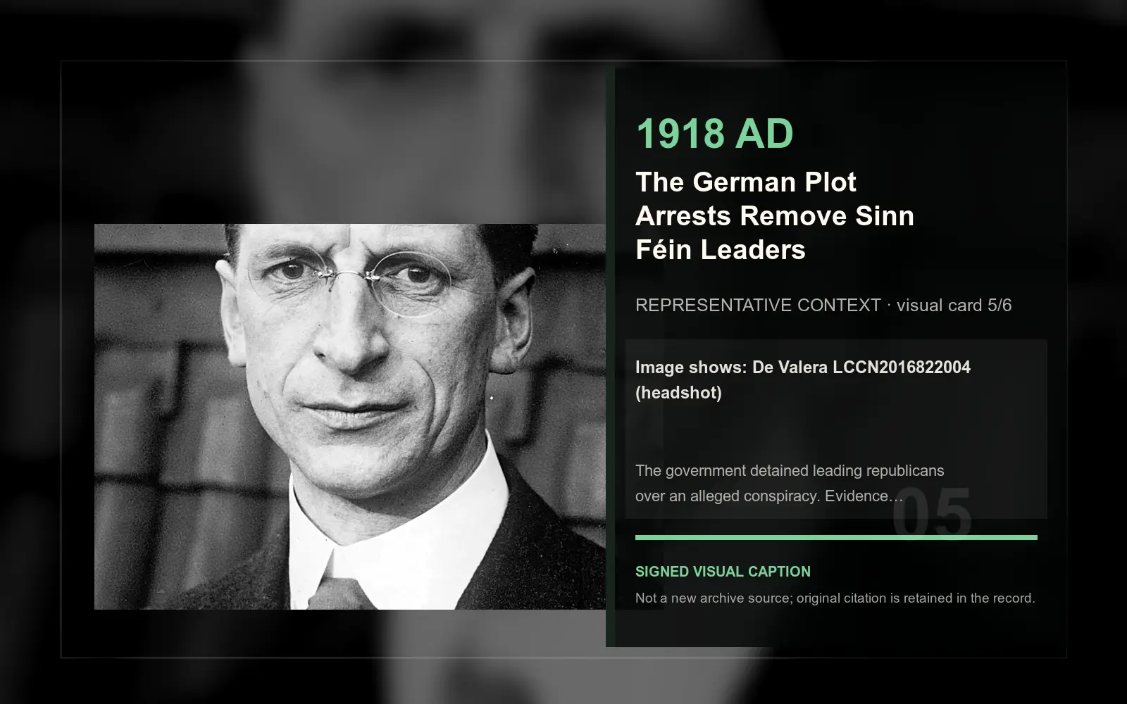 De Valera LCCN2016822004 (headshot) — representative context visual. Event-specific signed card derived from the cited source.