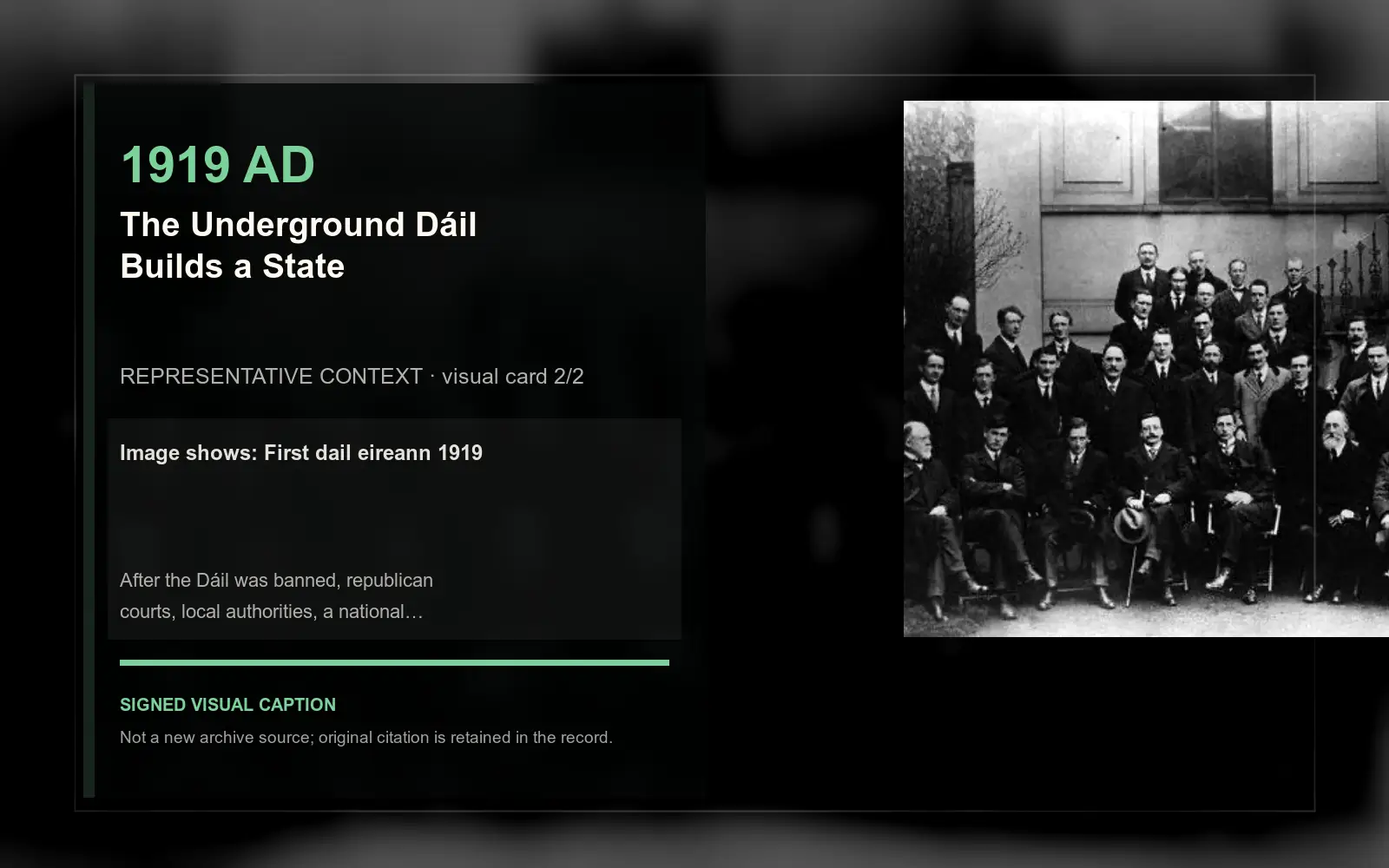 First dail eireann 1919 — representative context visual. Event-specific signed card derived from the cited source.