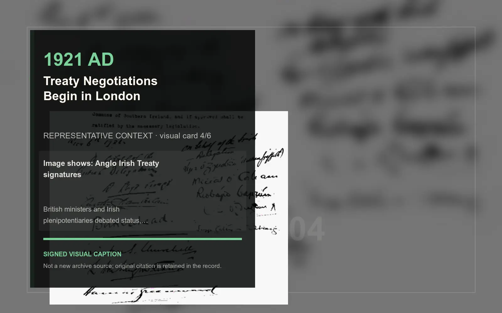 Anglo Irish Treaty signatures — representative context visual. Event-specific signed card derived from the cited source.