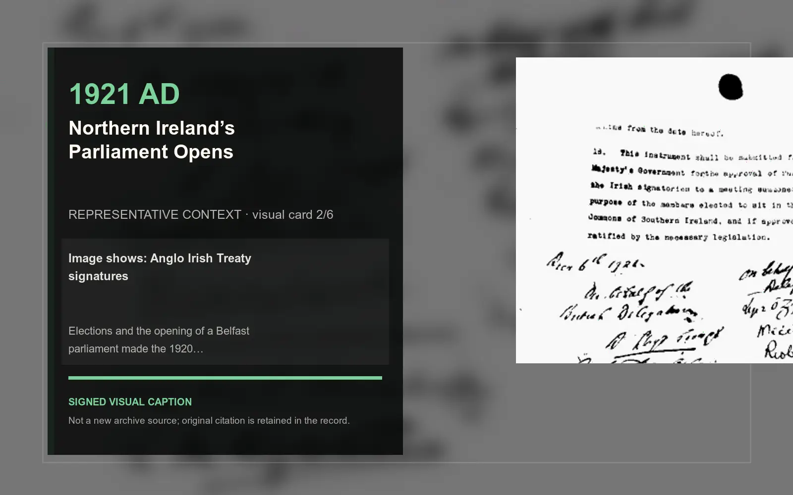 Anglo Irish Treaty signatures — representative context visual. Event-specific signed card derived from the cited source.