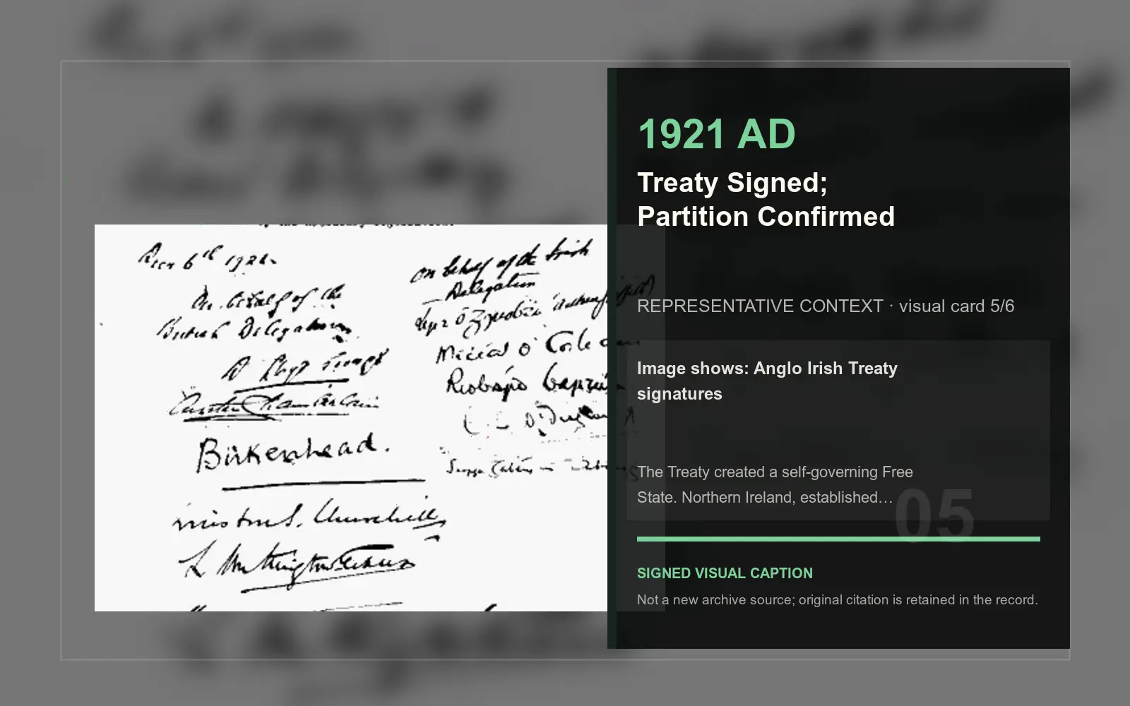 Anglo Irish Treaty signatures — representative context visual. Event-specific signed card derived from the cited source.