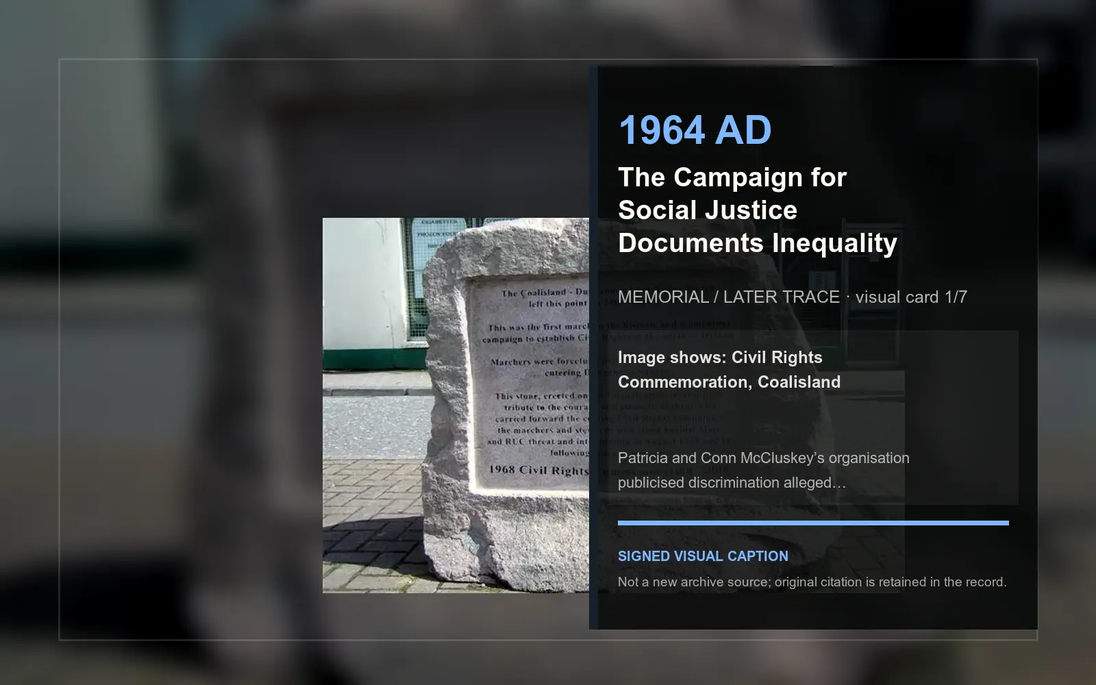 Civil Rights Commemoration, Coalisland — later memorial or aftermath visual. Event-specific signed card derived from the cited source.