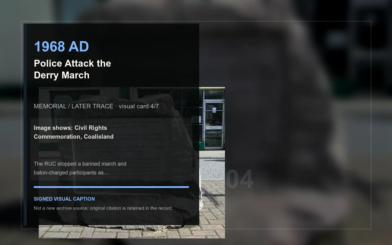 Civil Rights Commemoration, Coalisland — later memorial or aftermath visual. Event-specific signed card derived from the cited source.