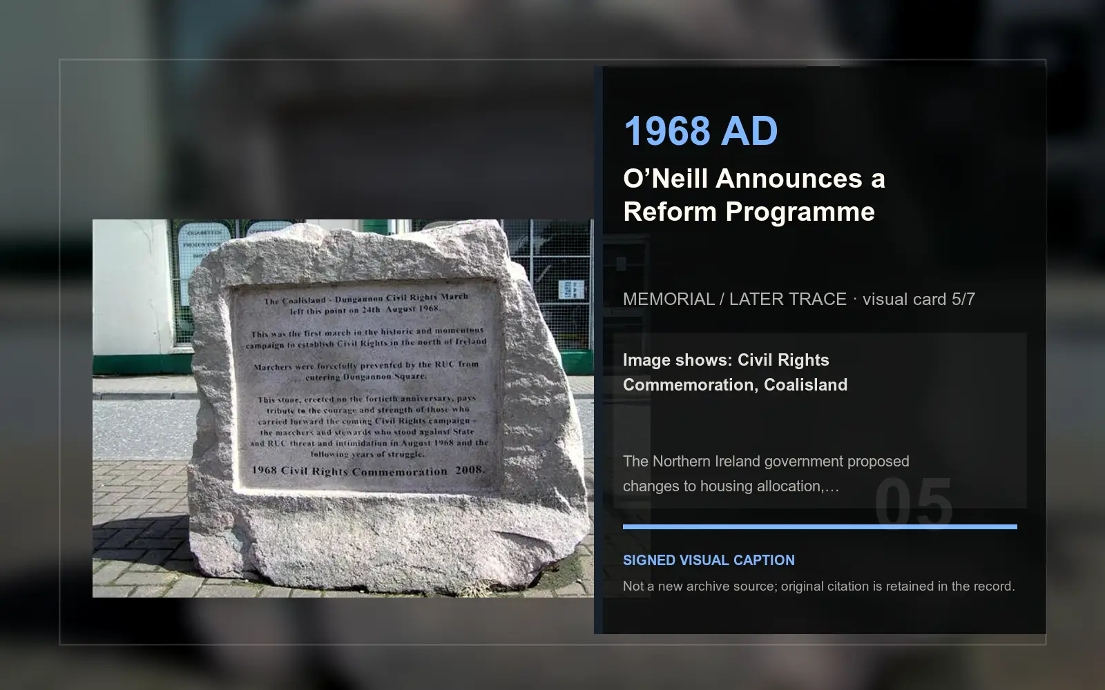 Civil Rights Commemoration, Coalisland — later memorial or aftermath visual. Event-specific signed card derived from the cited source.