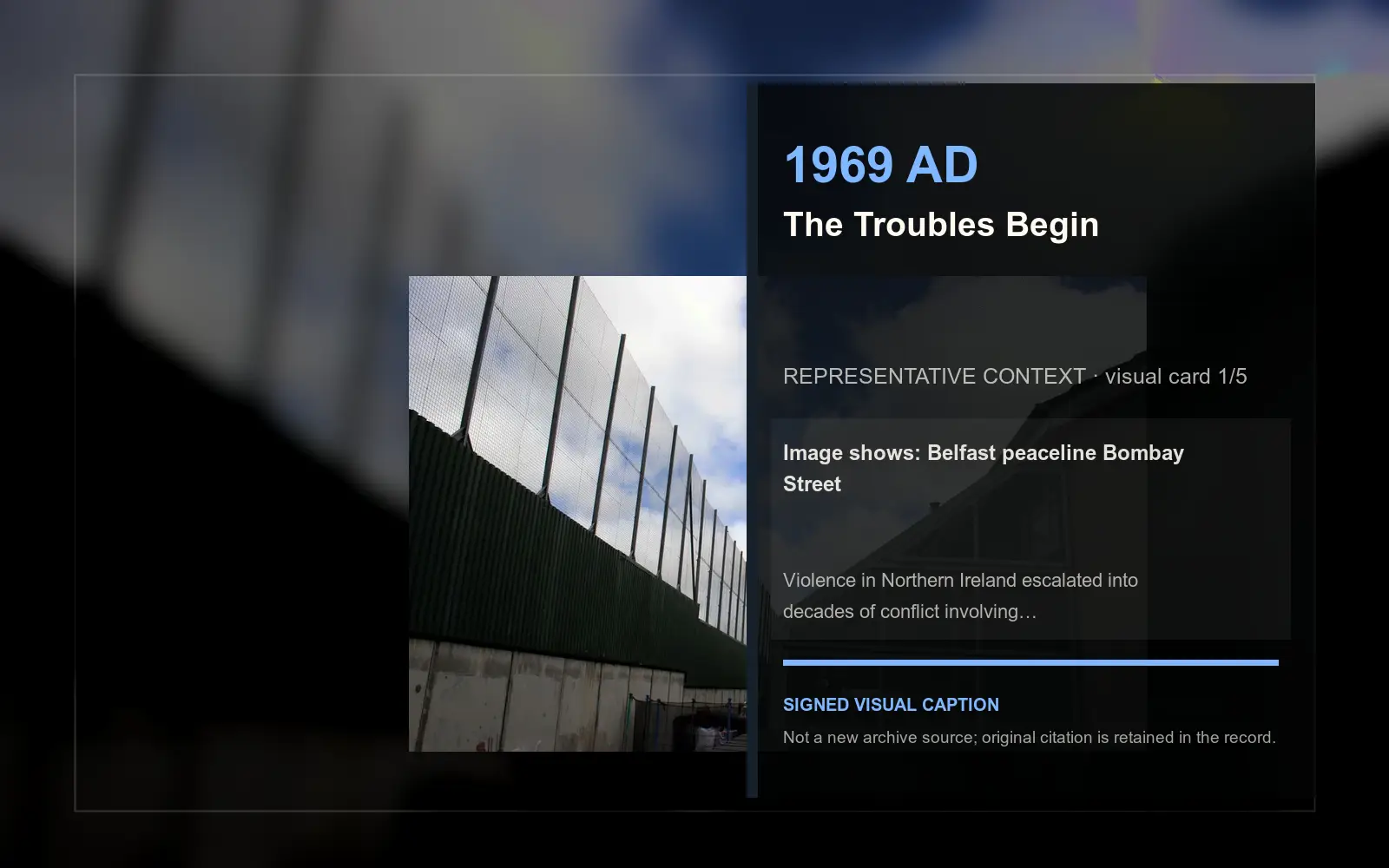 Belfast peaceline Bombay Street — representative context visual. Event-specific signed card derived from the cited source.