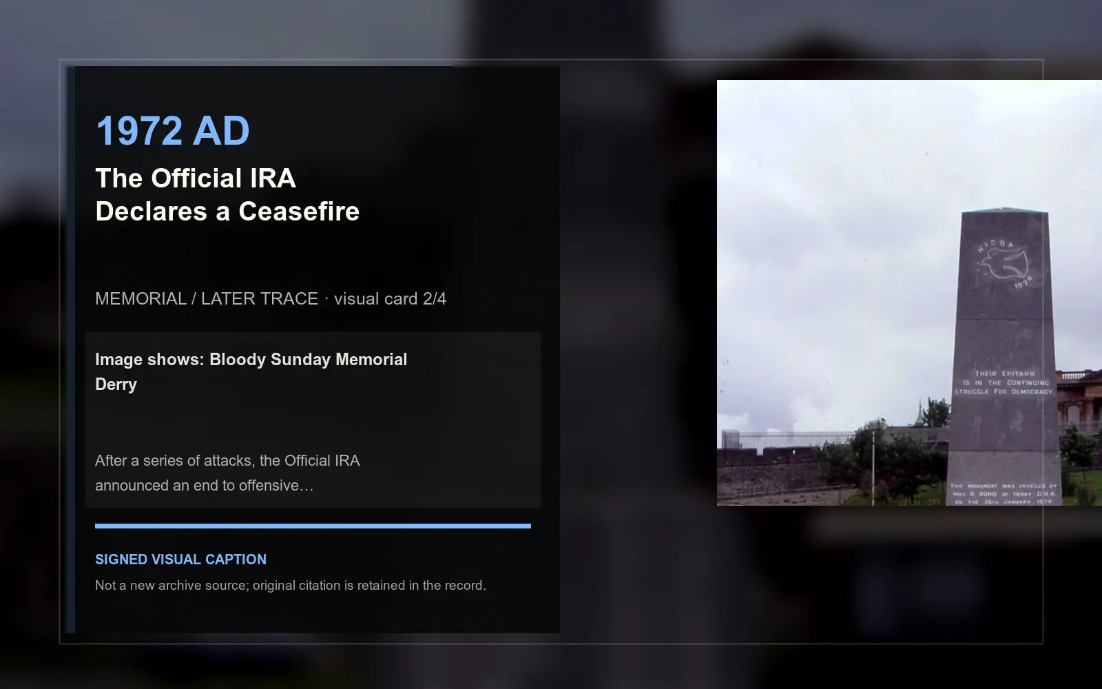 Bloody Sunday Memorial Derry — later memorial or aftermath visual. Event-specific signed card derived from the cited source.