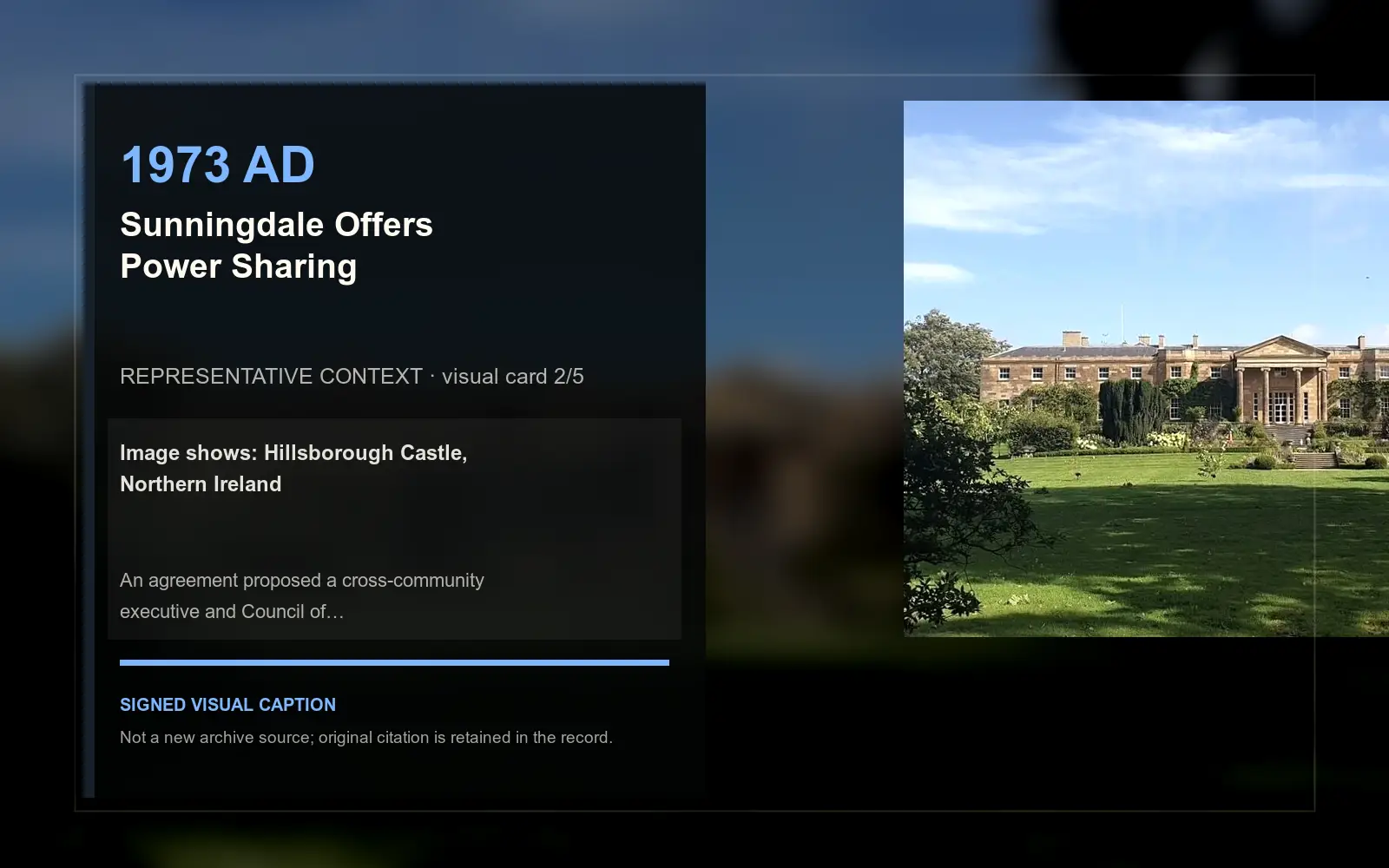 Hillsborough Castle, Northern Ireland — representative context visual. Event-specific signed card derived from the cited source.