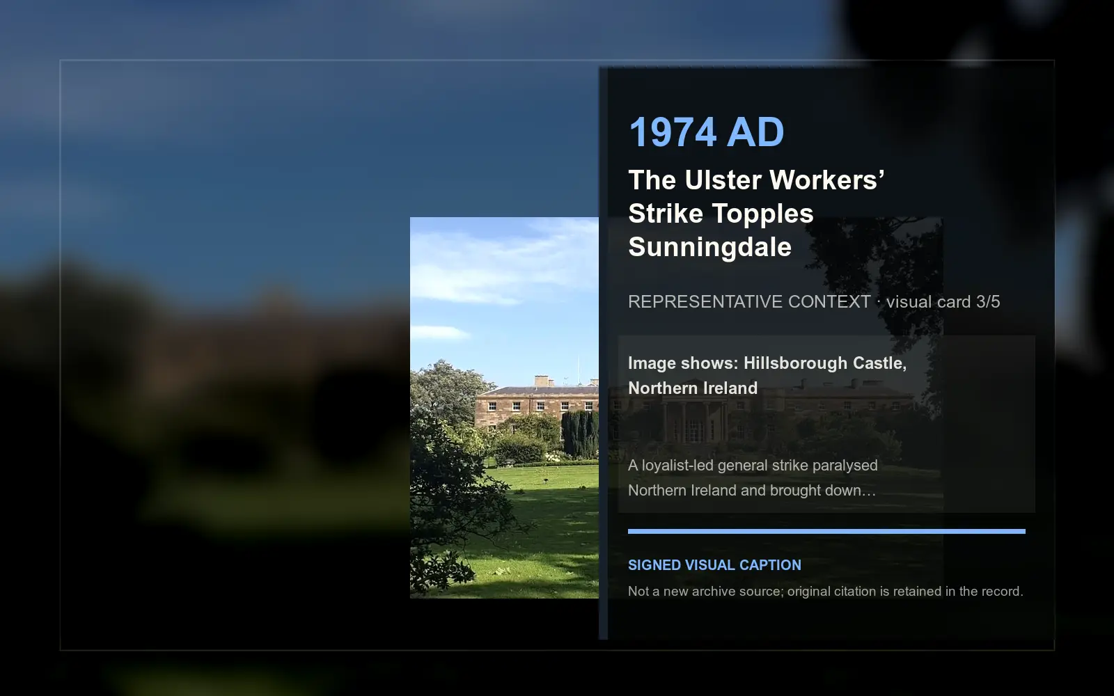 Hillsborough Castle, Northern Ireland — representative context visual. Event-specific signed card derived from the cited source.