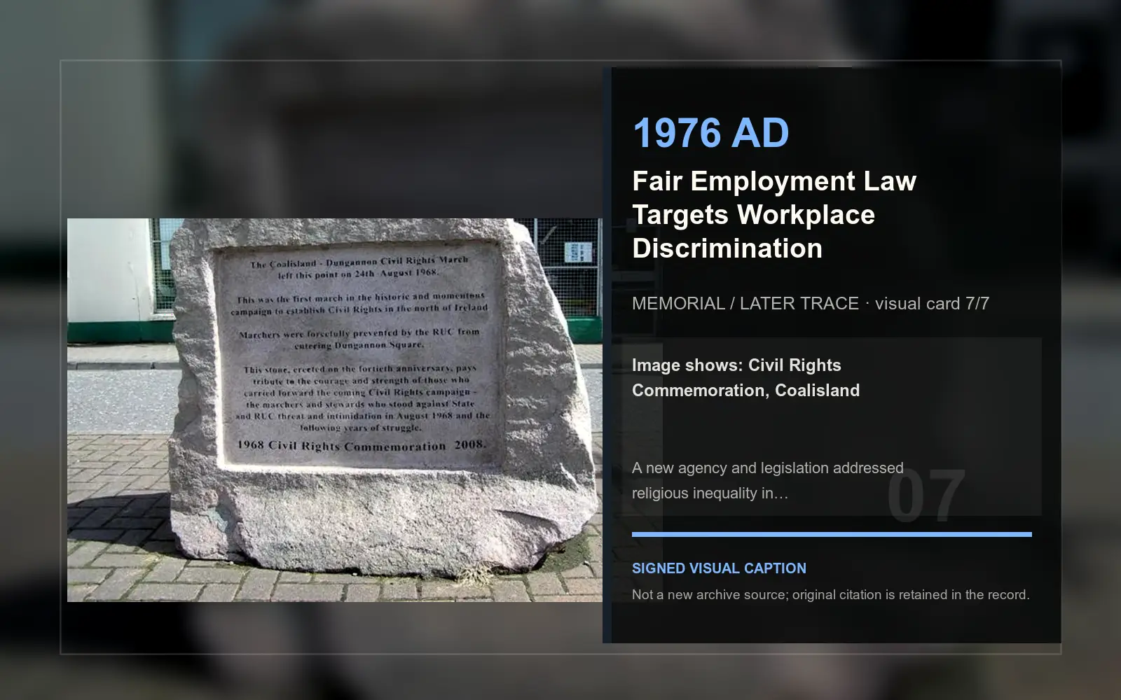 Civil Rights Commemoration, Coalisland — later memorial or aftermath visual. Event-specific signed card derived from the cited source.