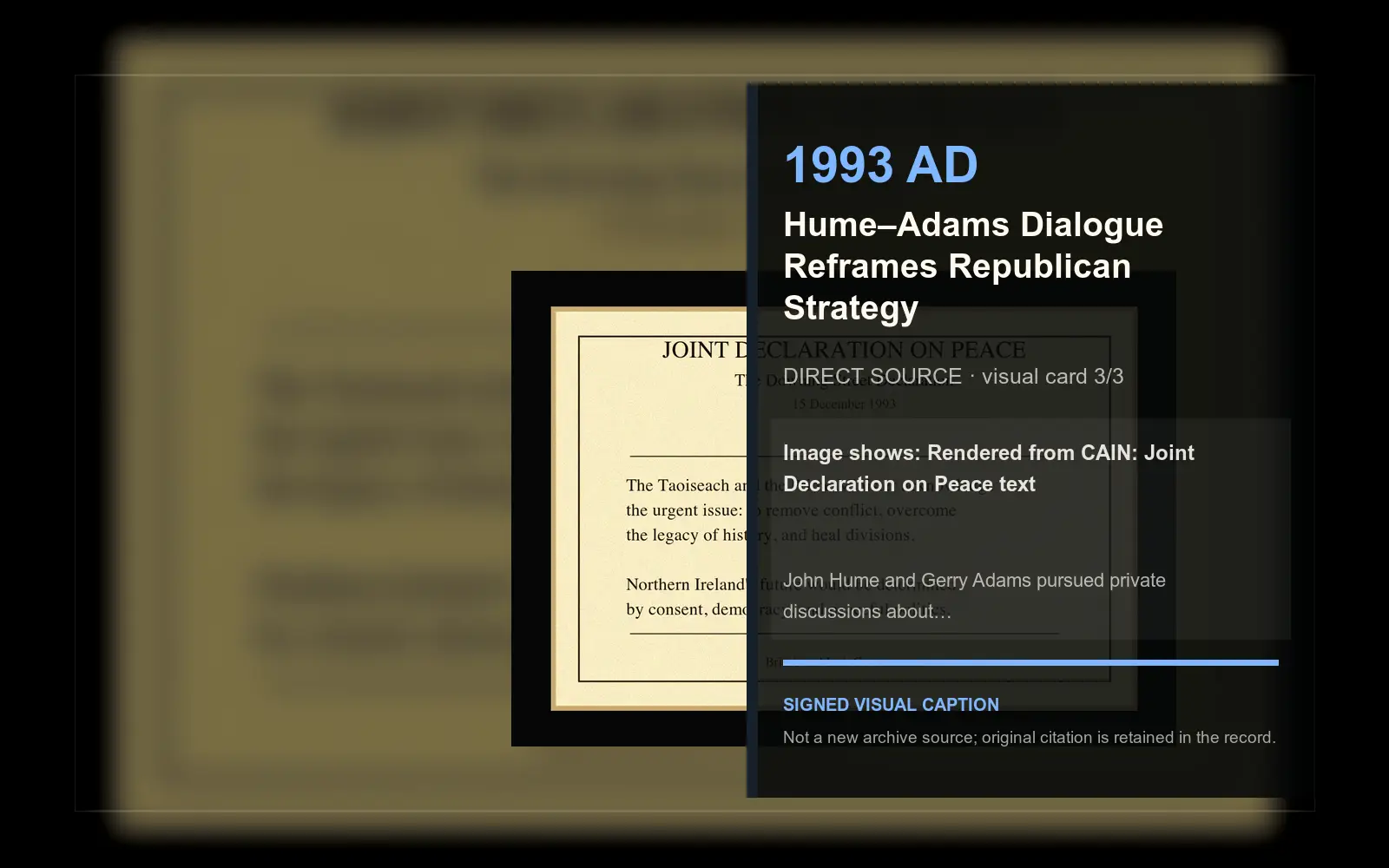Rendered from CAIN: Joint Declaration on Peace text — direct archive visual. Event-specific signed card derived from the cited source.