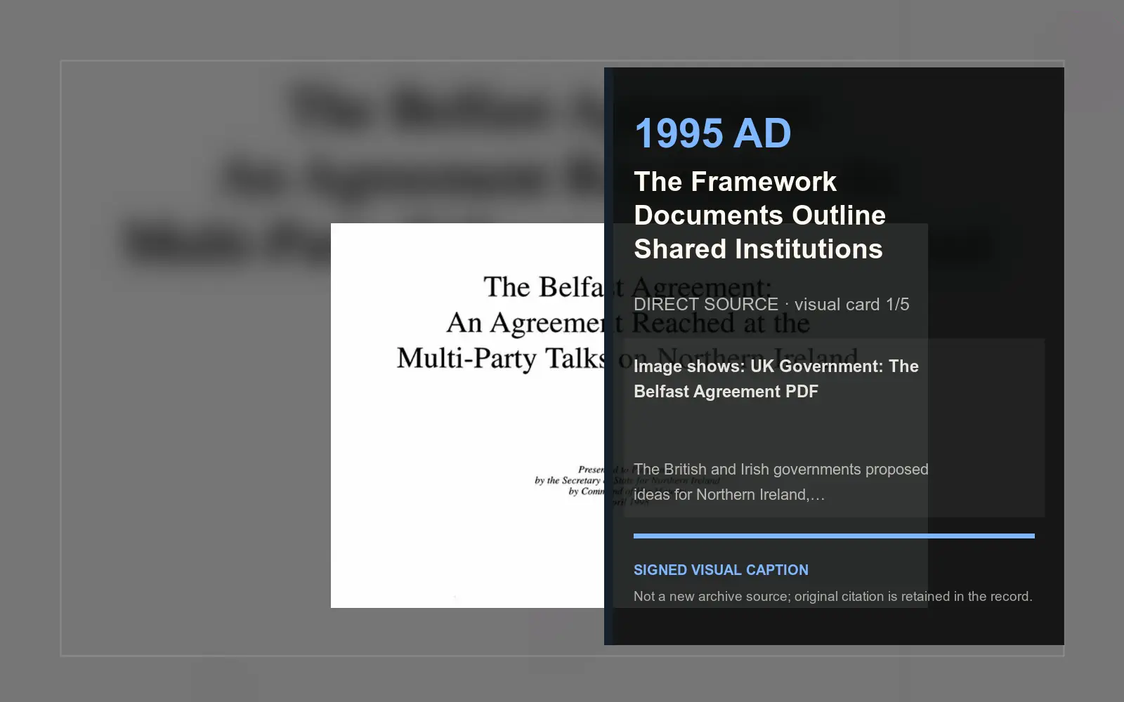UK Government: The Belfast Agreement PDF — direct archive visual. Event-specific signed card derived from the cited source.