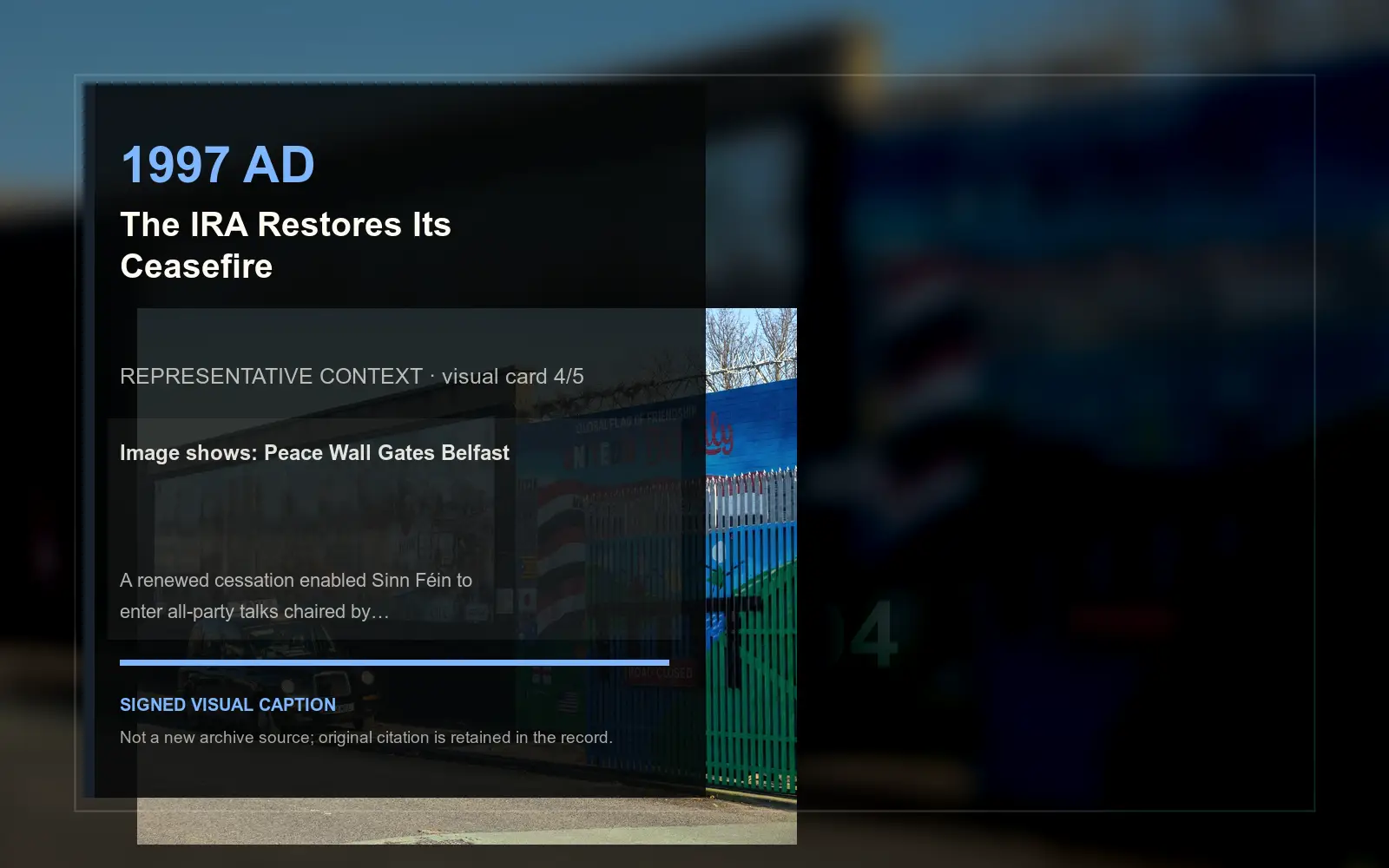 Peace Wall Gates Belfast — representative context visual. Event-specific signed card derived from the cited source.