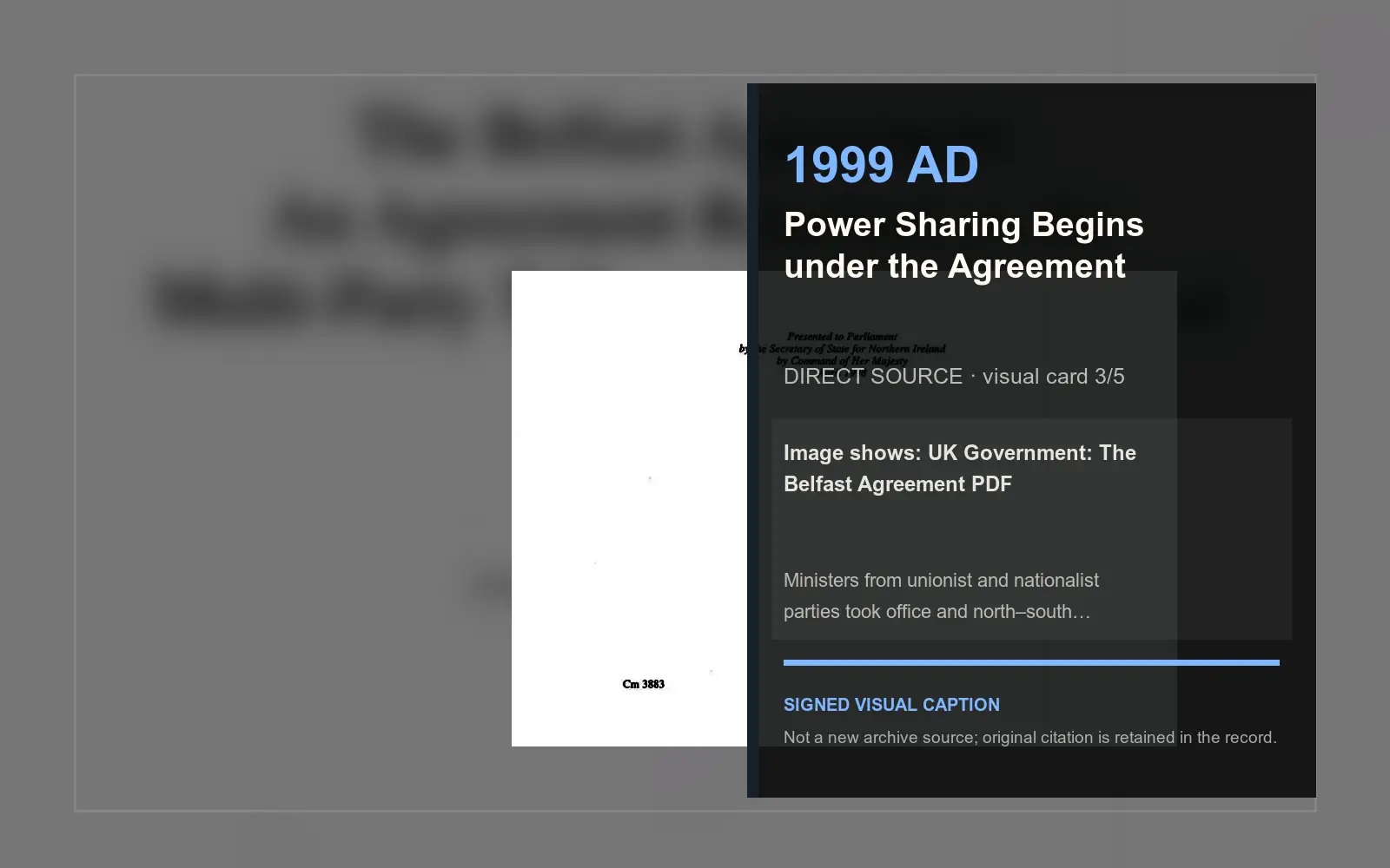 UK Government: The Belfast Agreement PDF — direct archive visual. Event-specific signed card derived from the cited source.
