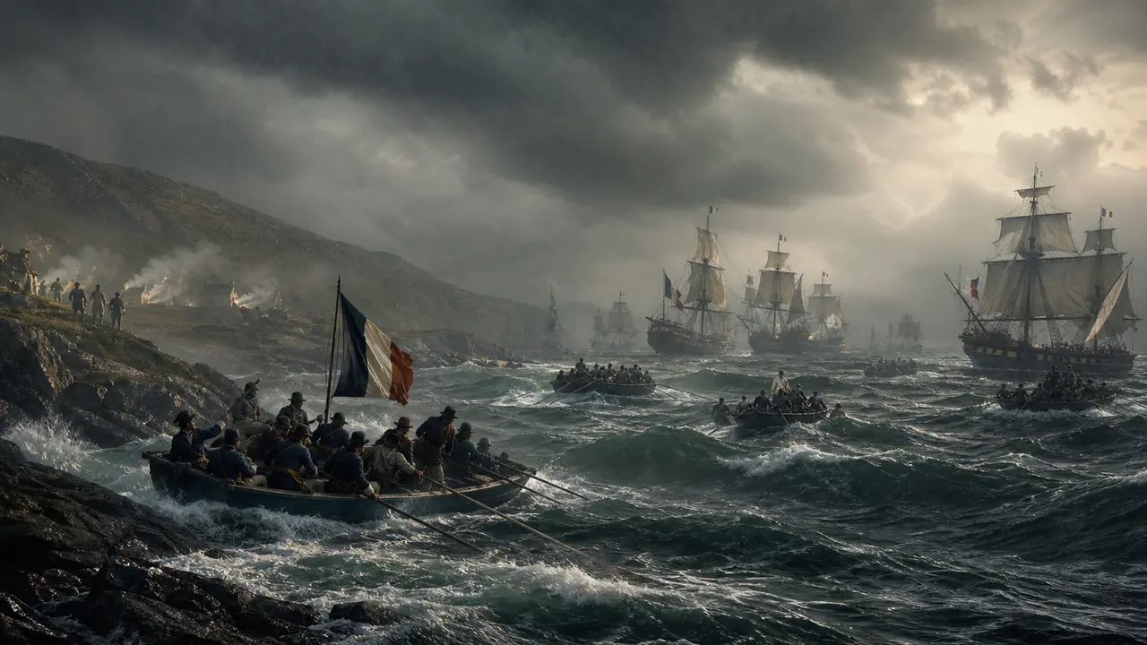 Project-created historical scene of a French fleet struggling in Bantry Bay in 1796 — representative visual for the failed landing attempt.