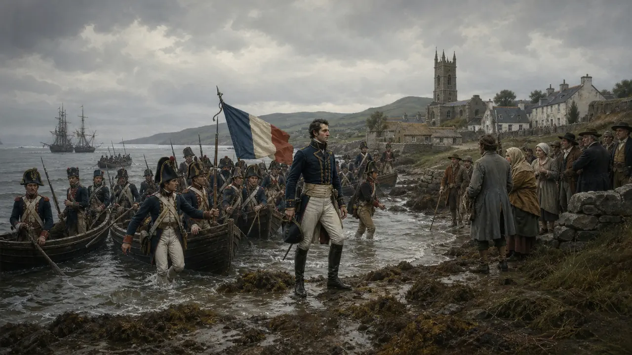 Project-created historical scene of French troops landing at Killala in August 1798 — representative visual for Humbert’s western expedition.