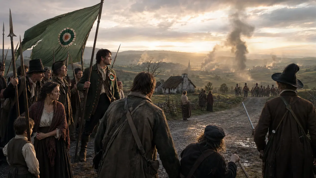 Project-created historical scene of United Irish rebels gathering as the 1798 rising spreads — representative visual for the rebellion’s outbreak.