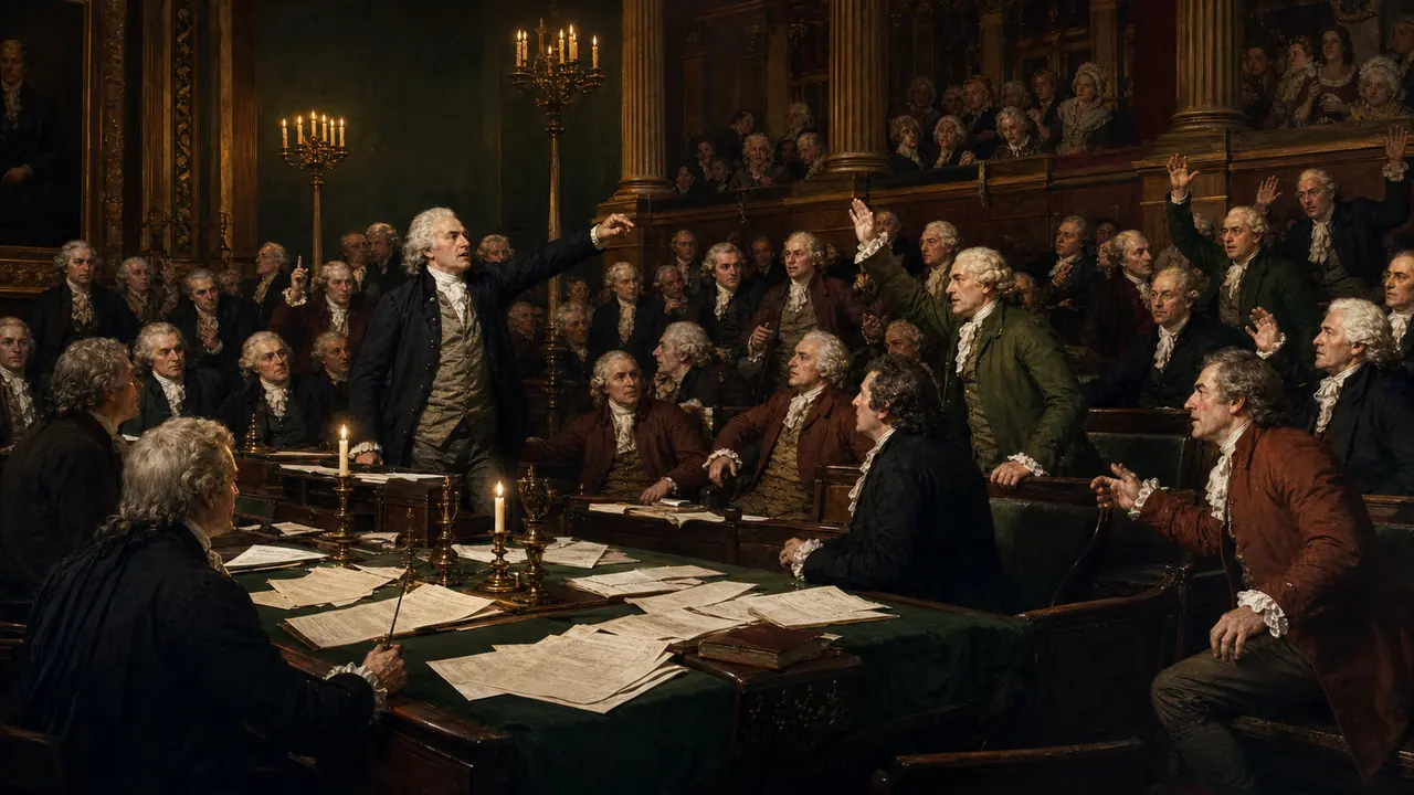 Project-created historical scene of a tense Irish Commons vote in January 1799 — representative visual for the first defeated union proposal.