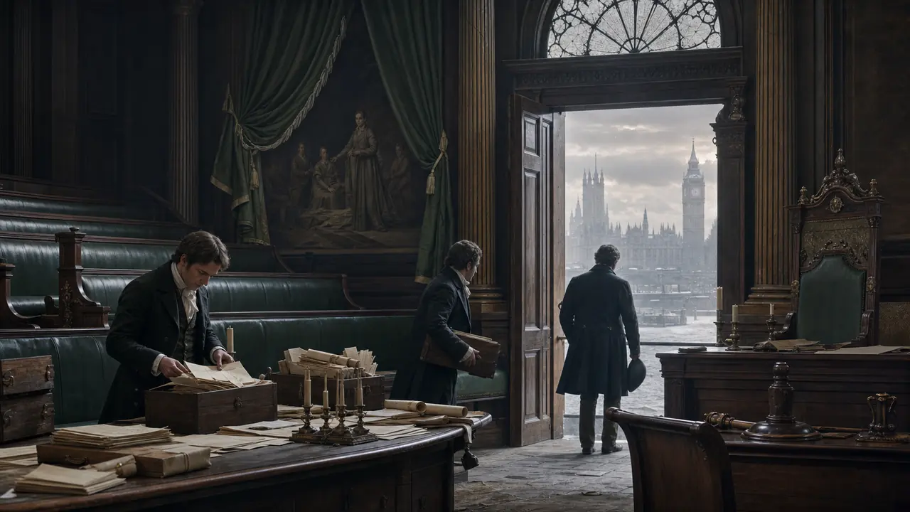 Project-created historical scene of the Dublin parliament closing as power shifts to Westminster in 1801 — representative visual for the Union taking effect.