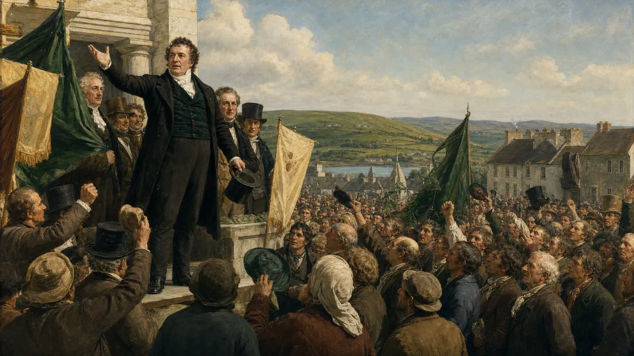Project-created historical scene of Daniel O’Connell’s Clare election victory in 1828 — representative visual for constitutional mass politics.